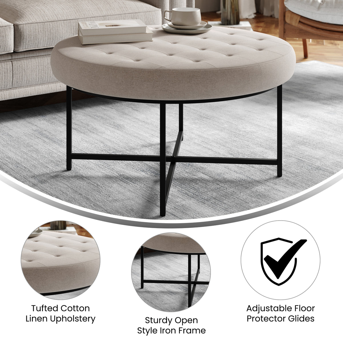 Ashton 34" Round Cotton Linen Tufted Ottoman with Metal Frame