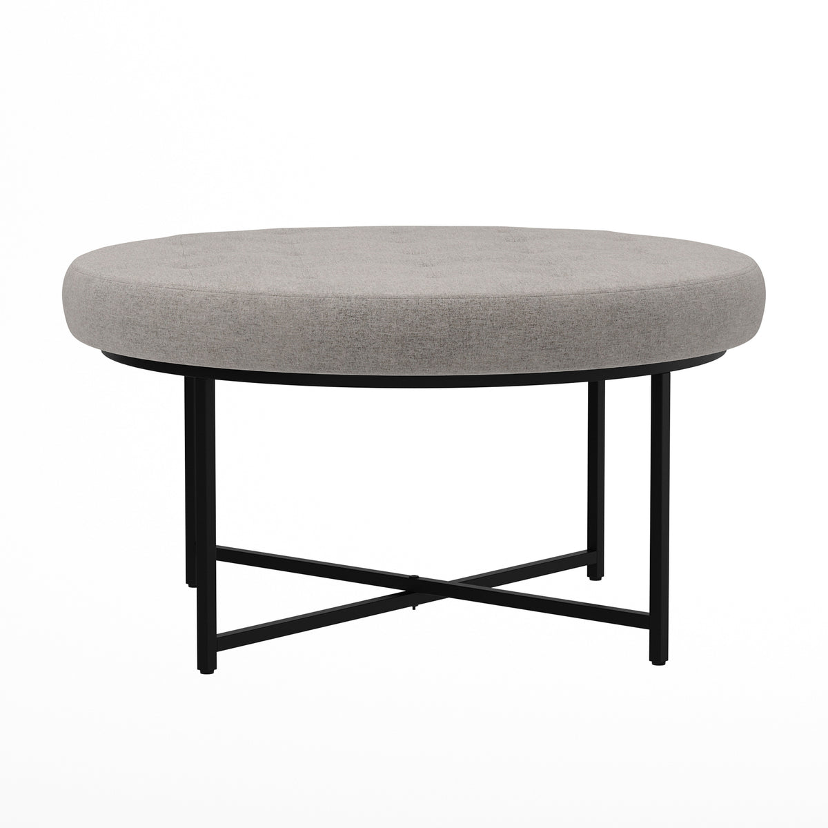 Ashton 34" Round Cotton Linen Tufted Ottoman with Metal Frame