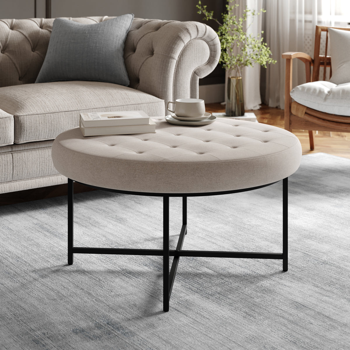 Ashton 34" Round Cotton Linen Tufted Ottoman with Metal Frame
