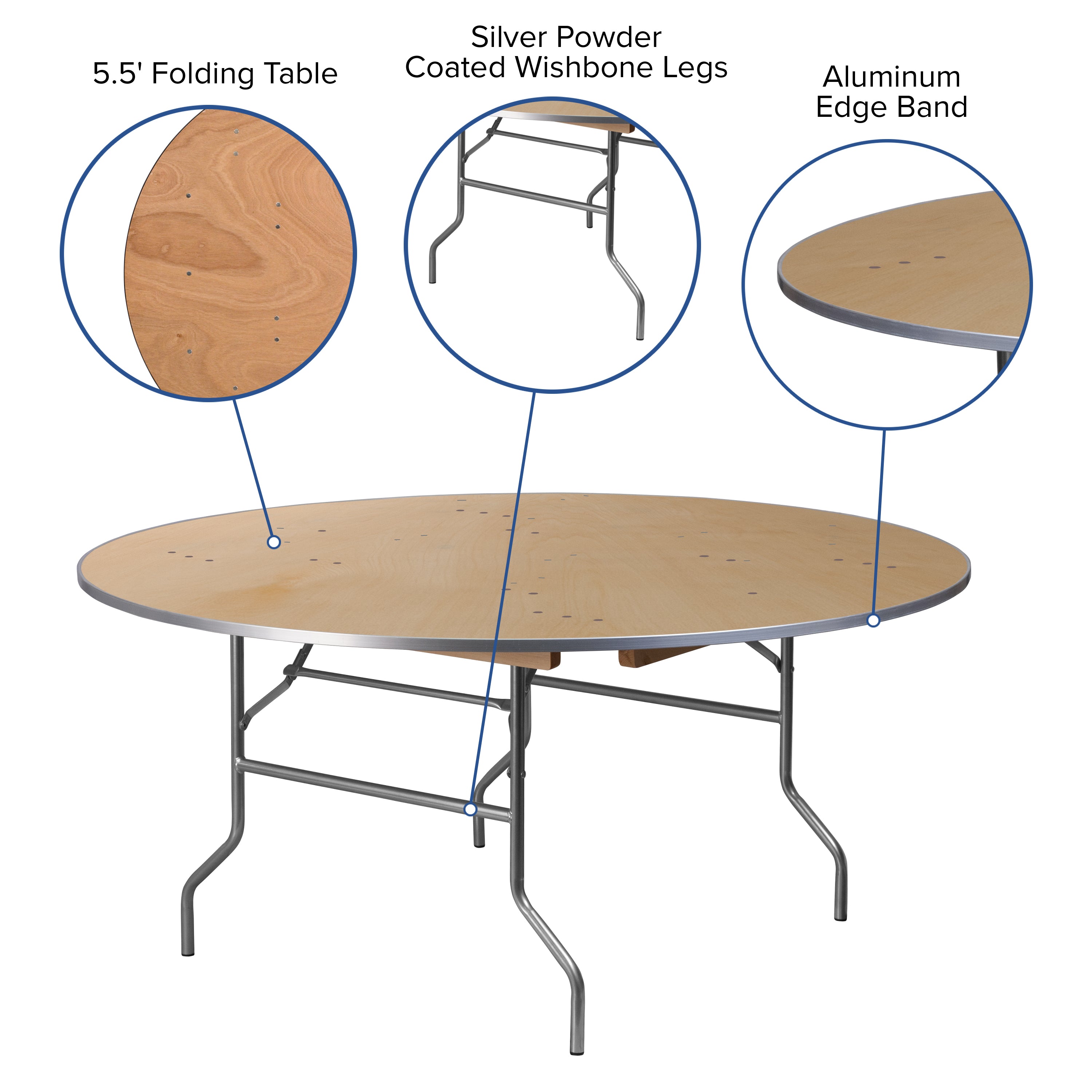 5.5-Foot Round HEAVY DUTY Birchwood Folding Banquet Table with METAL Edges-Round Folding Table-Flash Furniture-Wall2Wall Furnishings