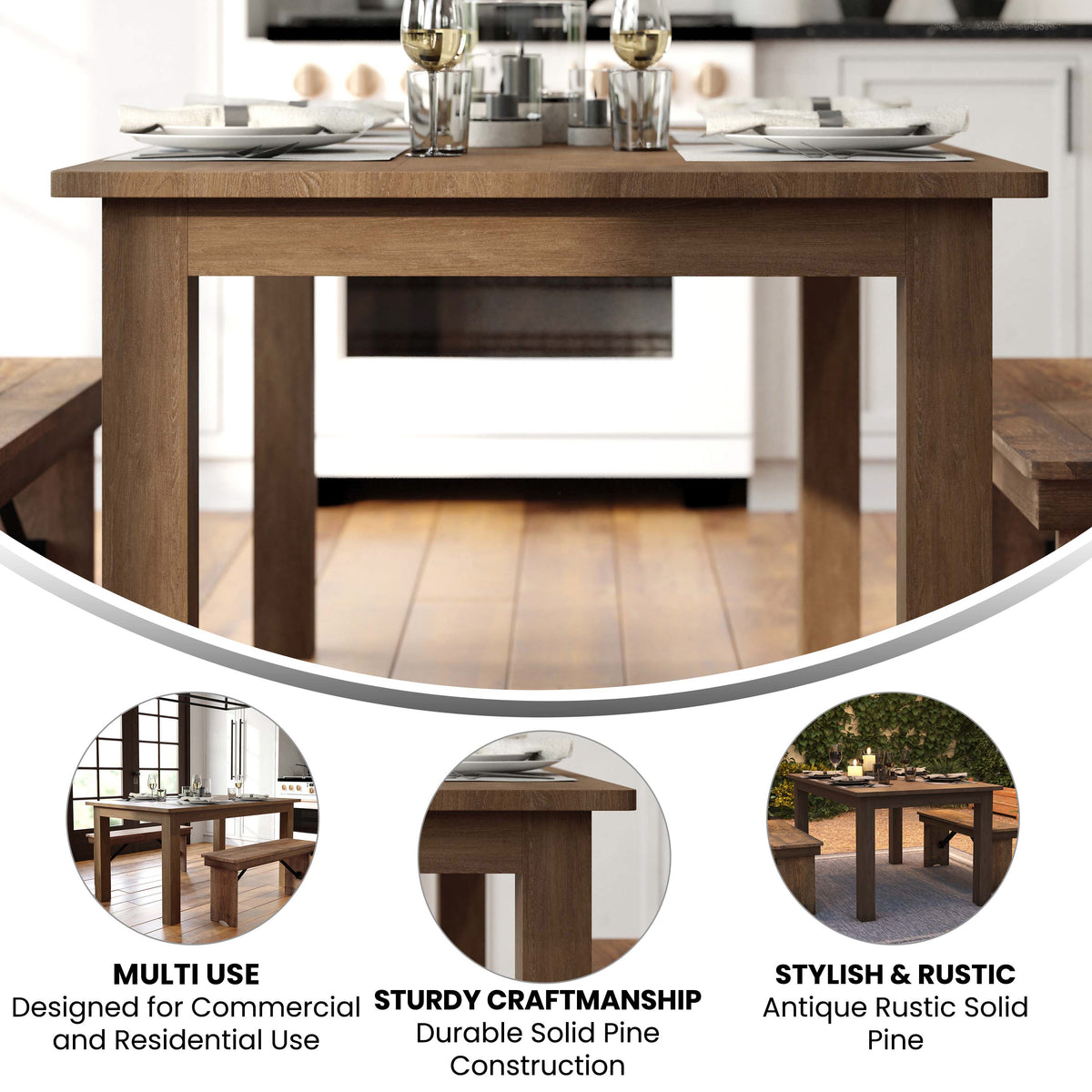 60" x 38" Rectangular Solid Pine Farm Dining Table