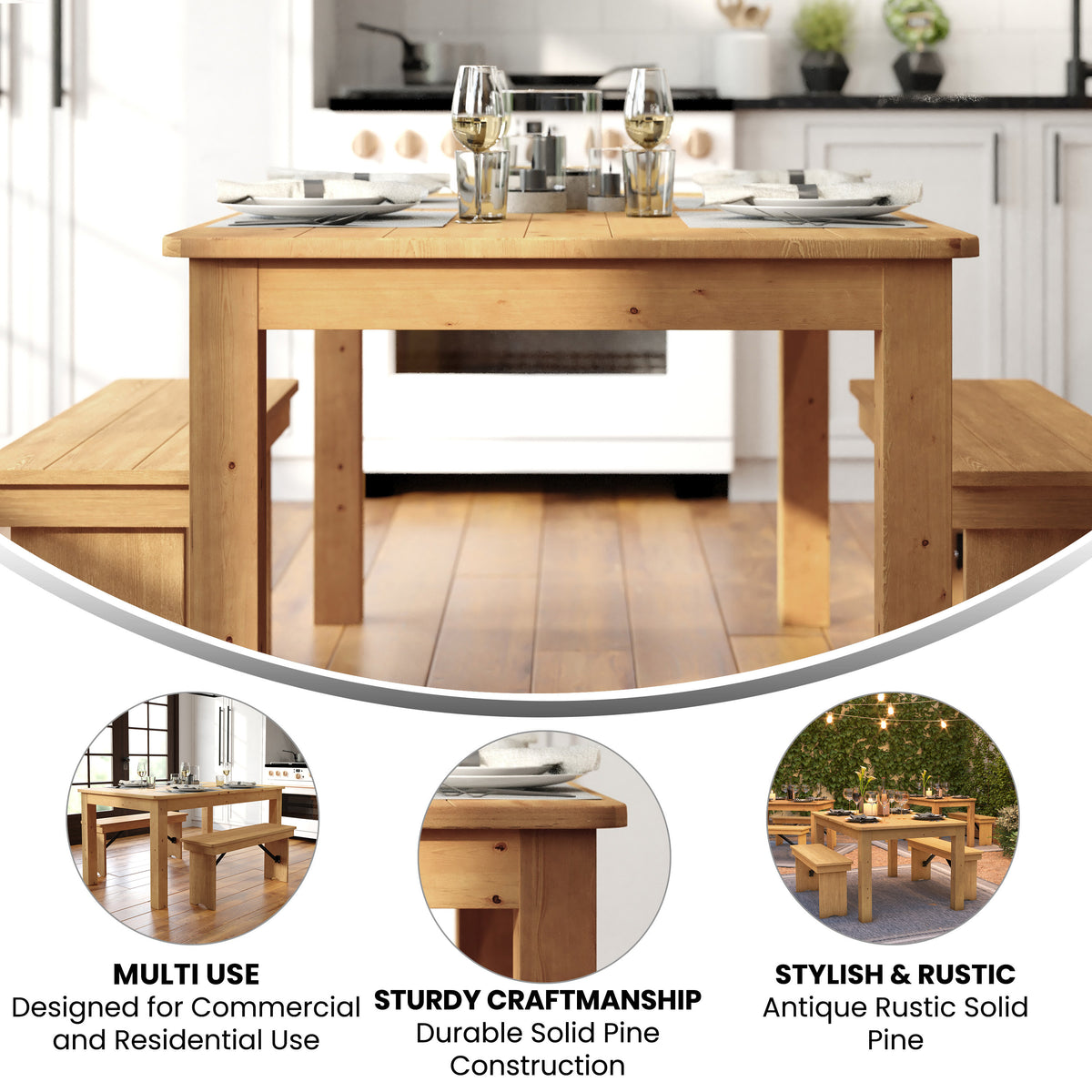 60" x 38" Rectangular Solid Pine Farm Dining Table