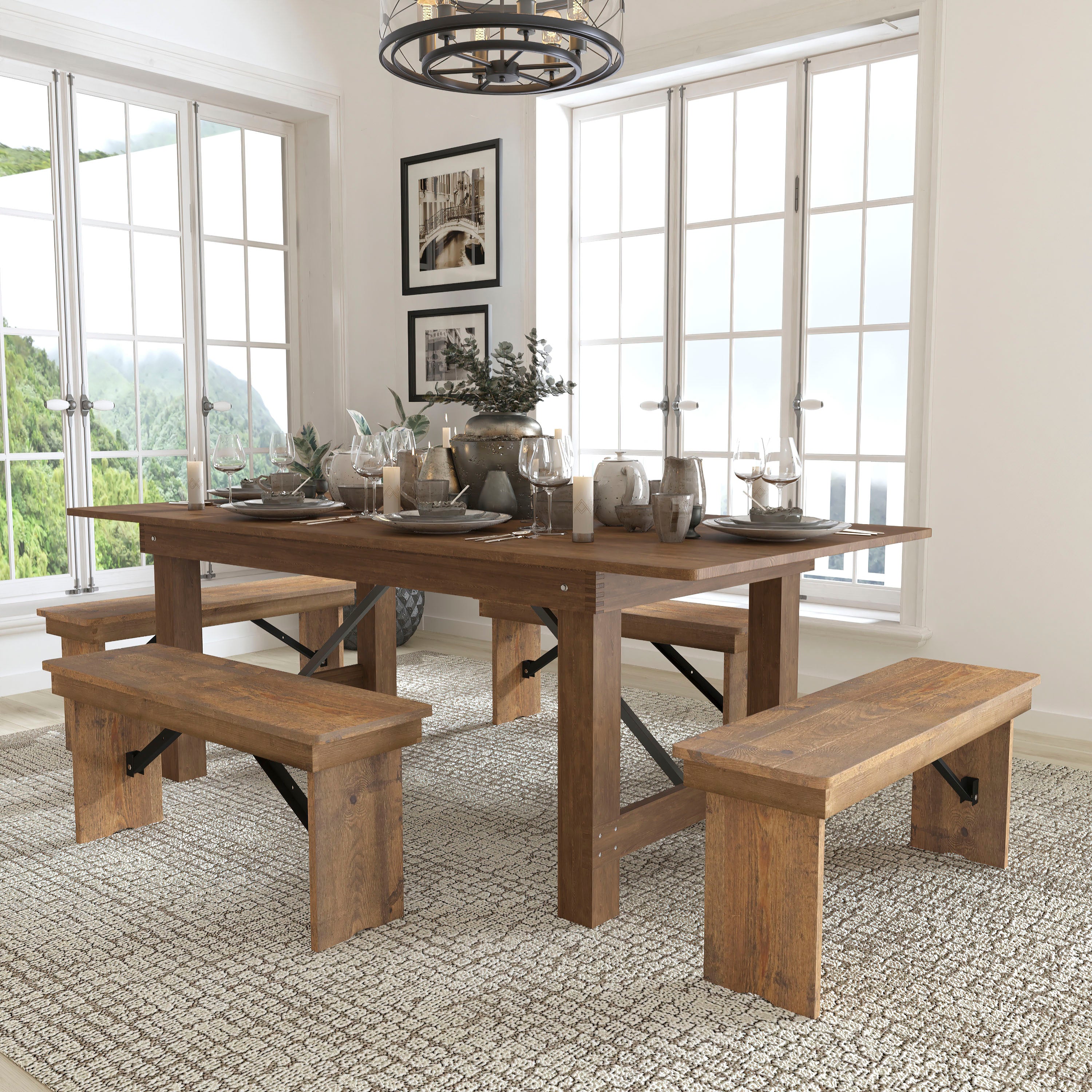 HERCULES Series 7' x 40" Folding Farm Table and Four Bench Set-Dining Room Set-Flash Furniture-Wall2Wall Furnishings