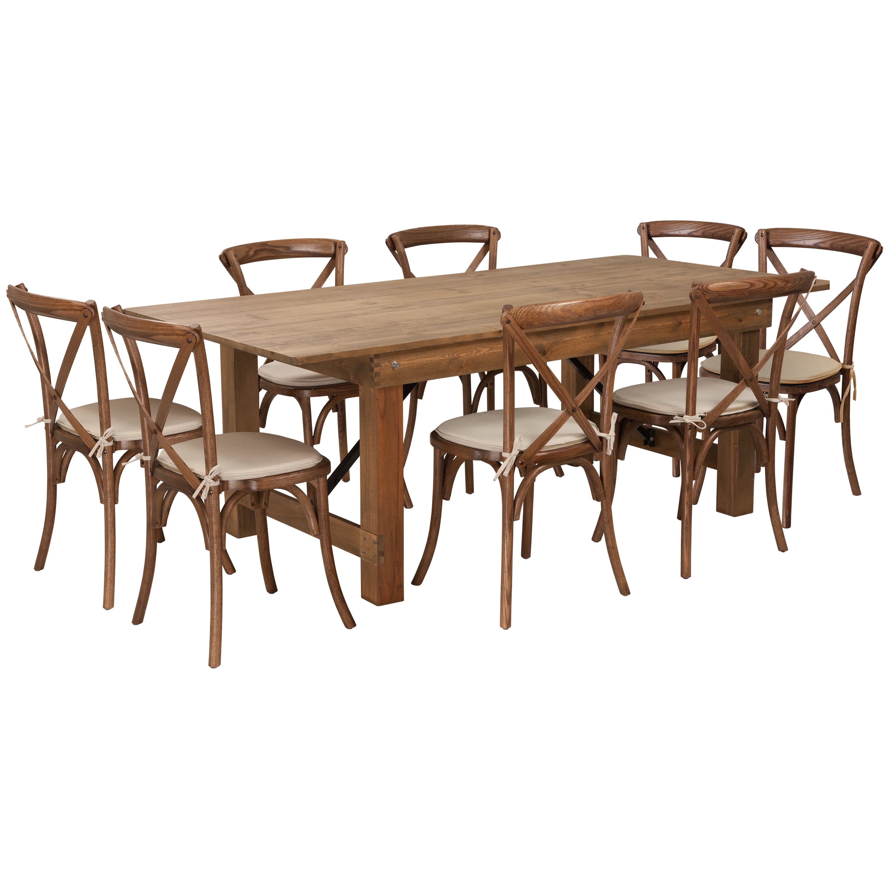 HERCULES Series 7' x 40'' Folding Farm Table Set with 8 Cross Back Chairs and Cushions-Dining Room Set-Flash Furniture-Wall2Wall Furnishings