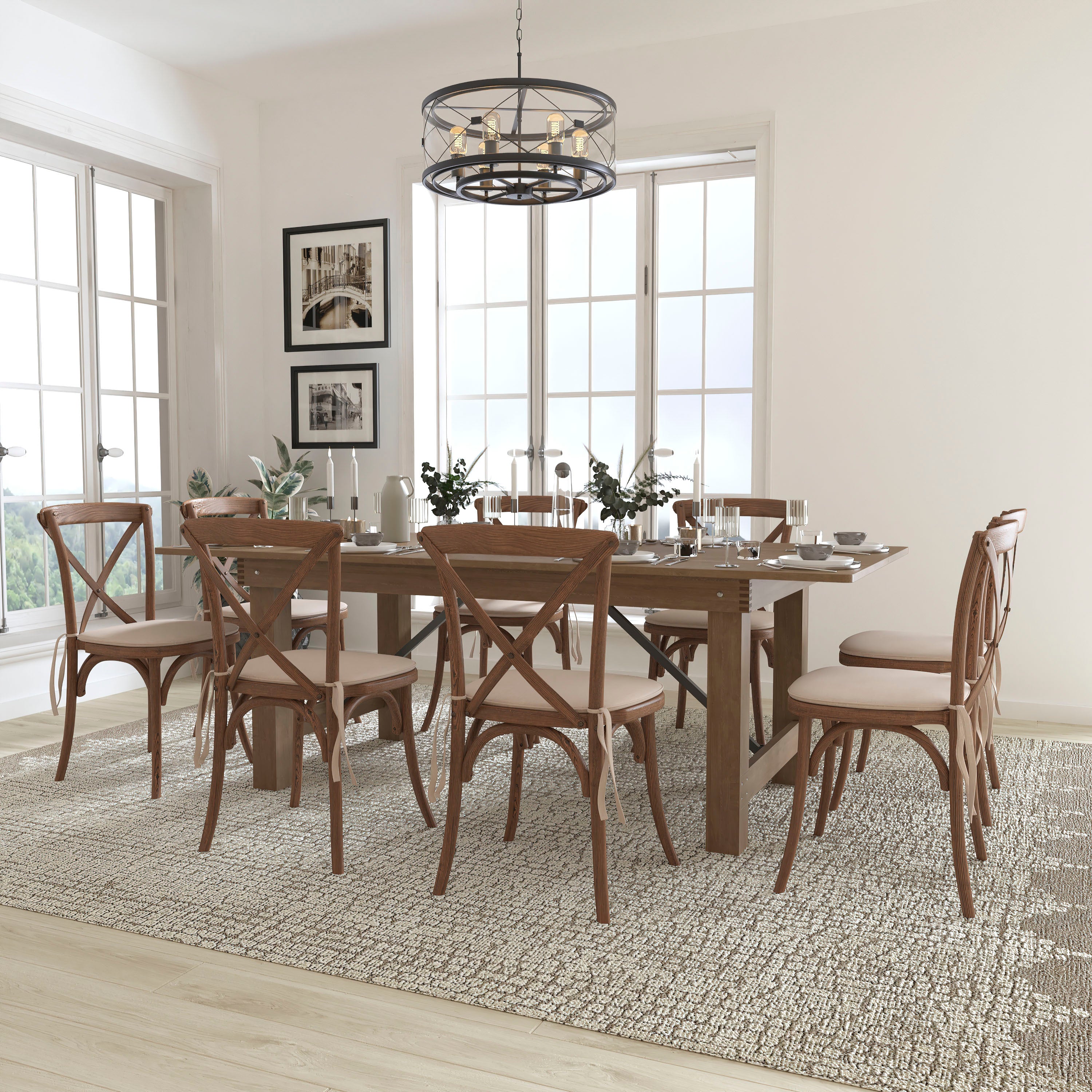 HERCULES Series 7' x 40'' Folding Farm Table Set with 8 Cross Back Chairs and Cushions-Dining Room Set-Flash Furniture-Wall2Wall Furnishings