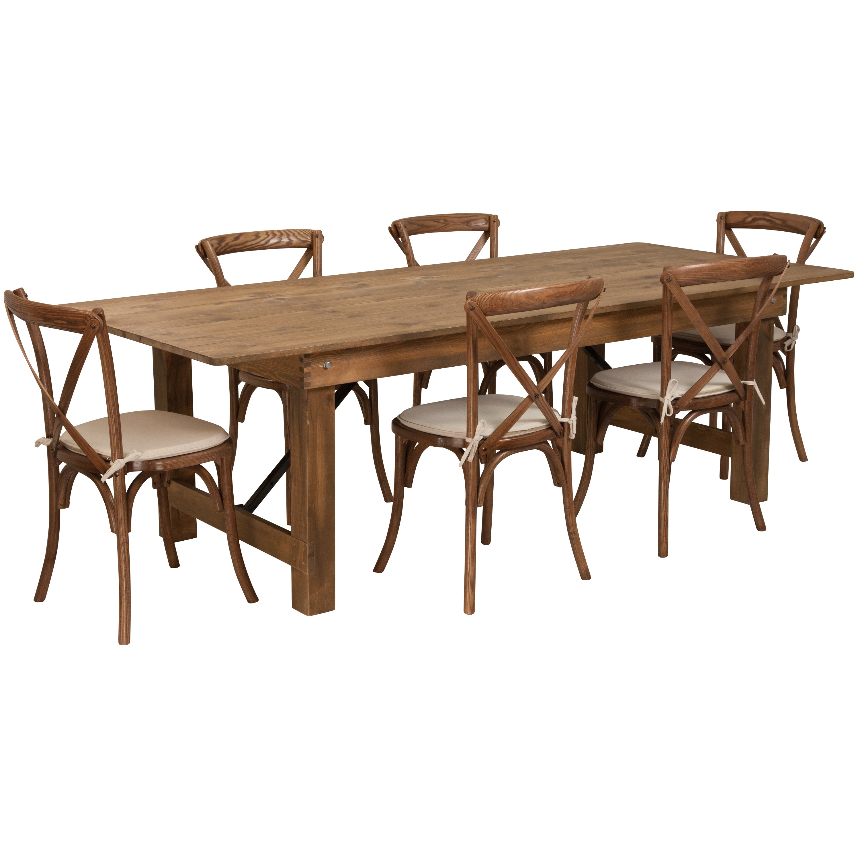 HERCULES Series 8' x 40'' Folding Farm Table Set with 6 Cross Back Chairs and Cushions-Dining Room Set-Flash Furniture-Wall2Wall Furnishings