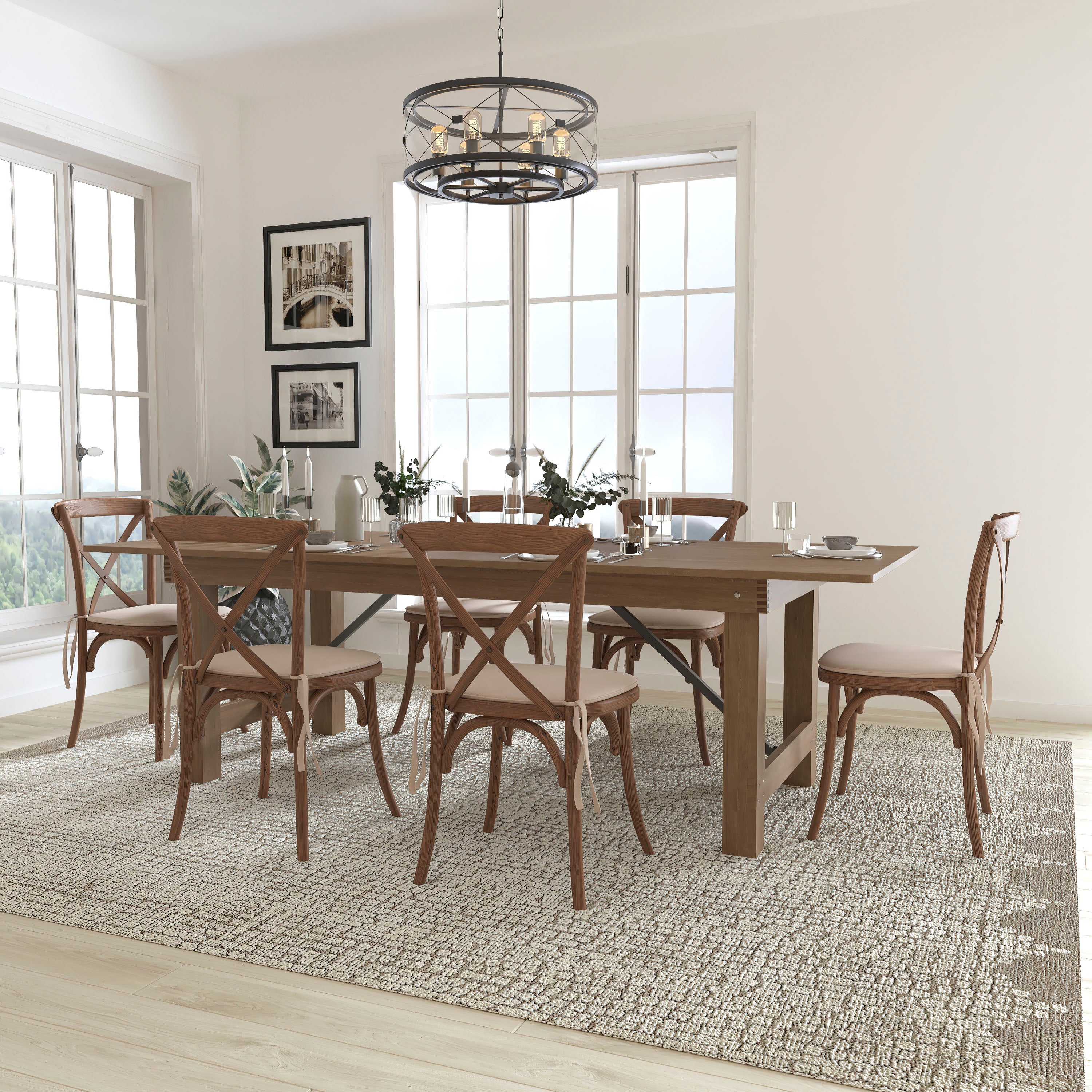 HERCULES Series 8' x 40'' Folding Farm Table Set with 6 Cross Back Chairs and Cushions-Dining Room Set-Flash Furniture-Wall2Wall Furnishings
