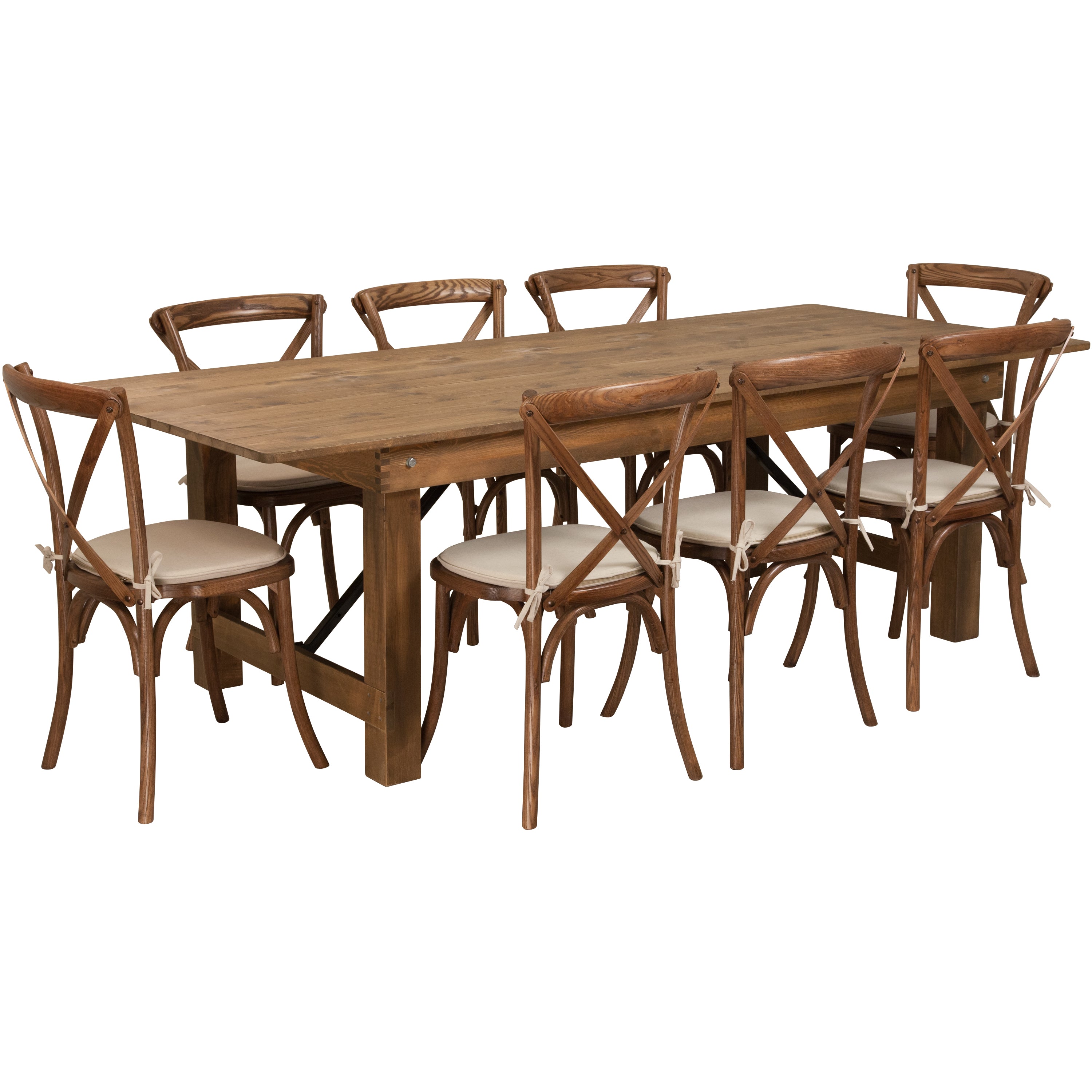 HERCULES Series 8' x 40'' Folding Farm Table Set with 8 Cross Back Chairs and Cushions-Dining Room Set-Flash Furniture-Wall2Wall Furnishings