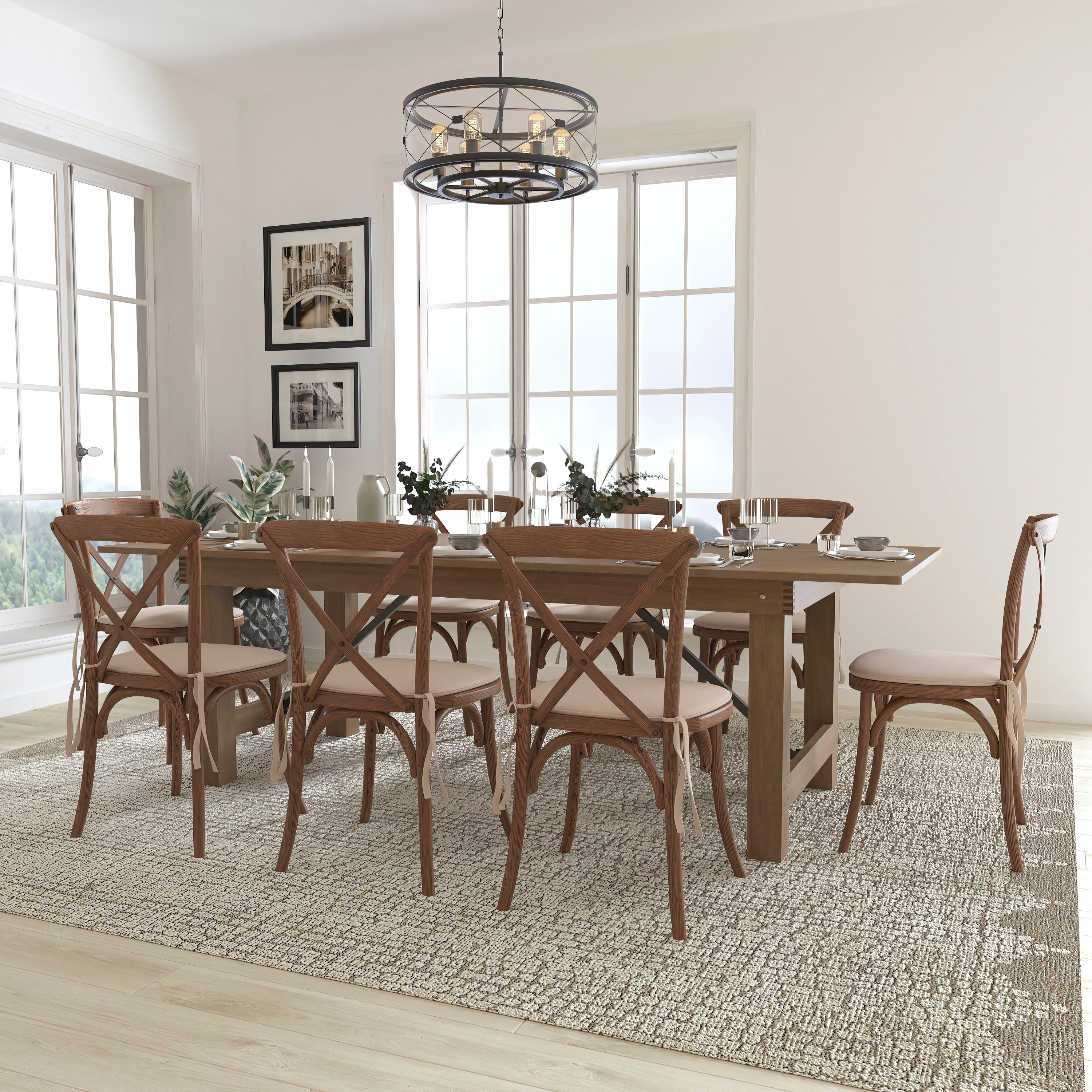 HERCULES Series 8' x 40'' Folding Farm Table Set with 8 Cross Back Chairs and Cushions-Dining Room Set-Flash Furniture-Wall2Wall Furnishings