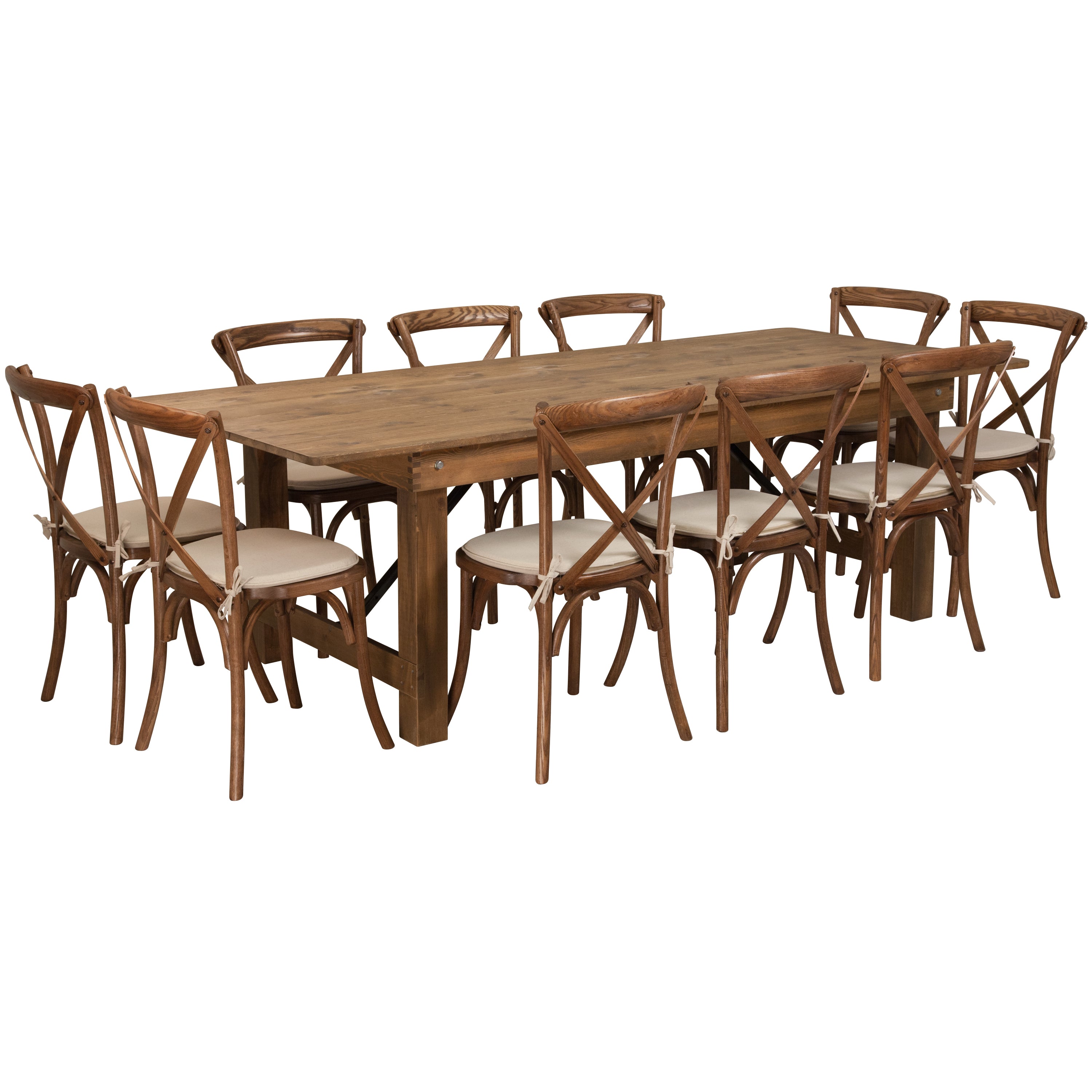 HERCULES Series 8' x 40'' Folding Farm Table Set with 10 Cross Back Chairs and Cushions-Dining Room Set-Flash Furniture-Wall2Wall Furnishings