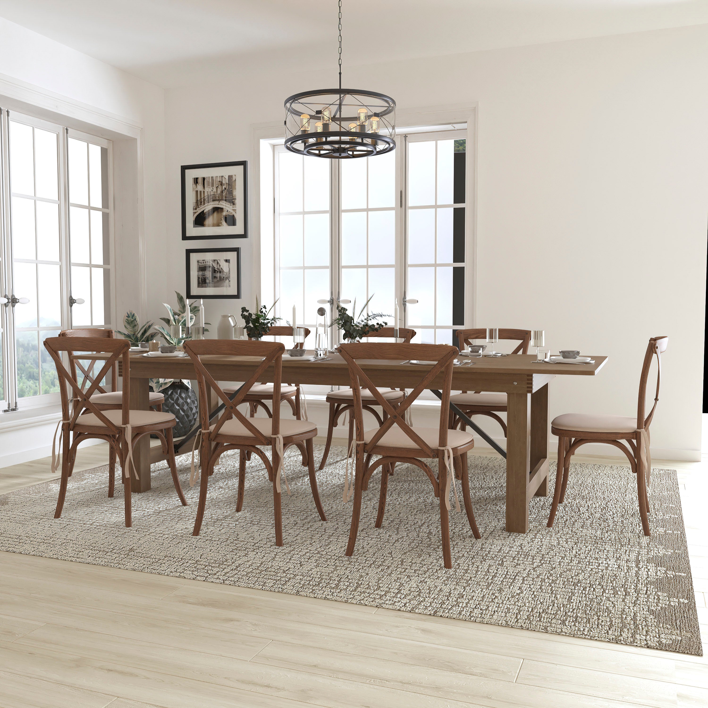 HERCULES Series 9' x 40'' Folding Farm Table Set with 8 Cross Back Chairs and Cushions-Dining Room Set-Flash Furniture-Wall2Wall Furnishings