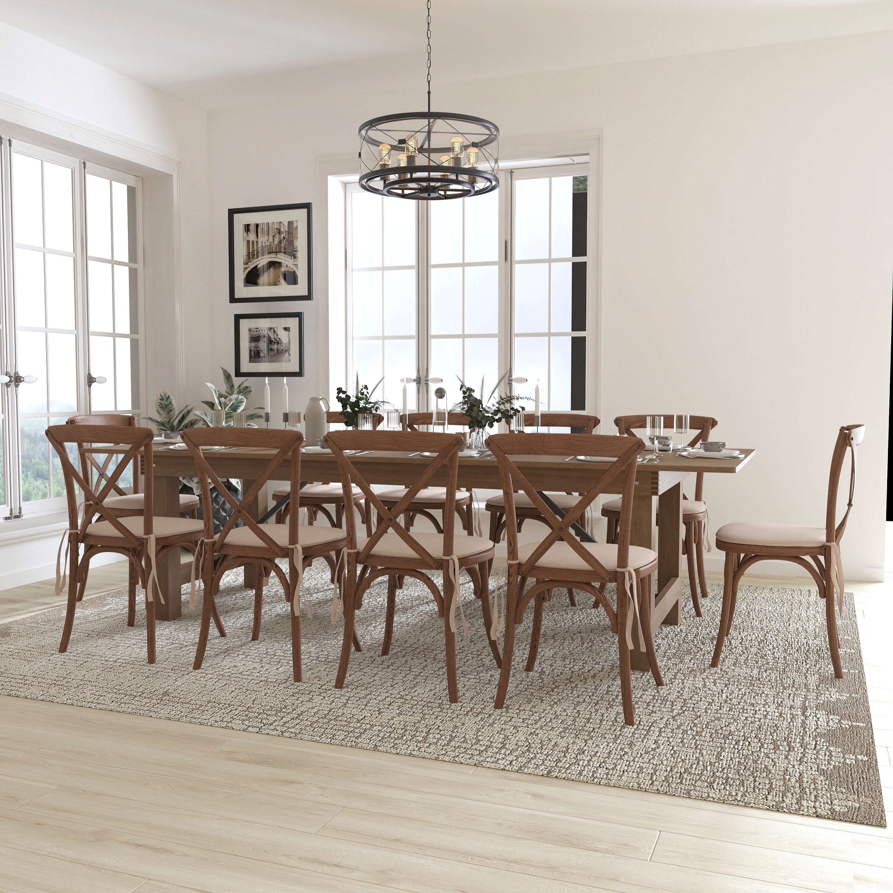 HERCULES Series 9' x 40'' Folding Farm Table Set with 10 Cross Back Chairs and Cushions-Dining Room Set-Flash Furniture-Wall2Wall Furnishings