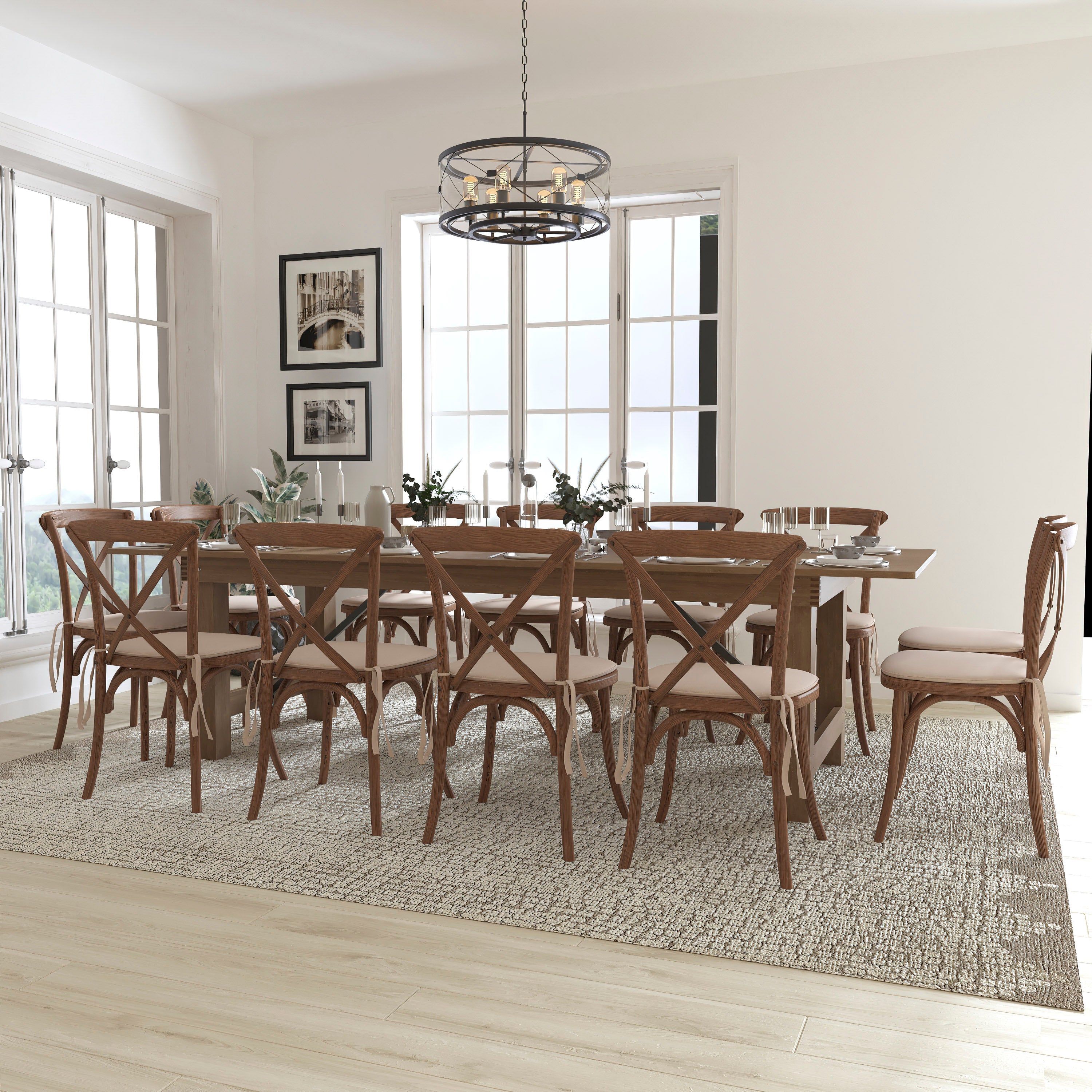 HERCULES Series 9' x 40'' Folding Farm Table Set with 12 Cross Back Chairs and Cushions-Dining Room Set-Flash Furniture-Wall2Wall Furnishings