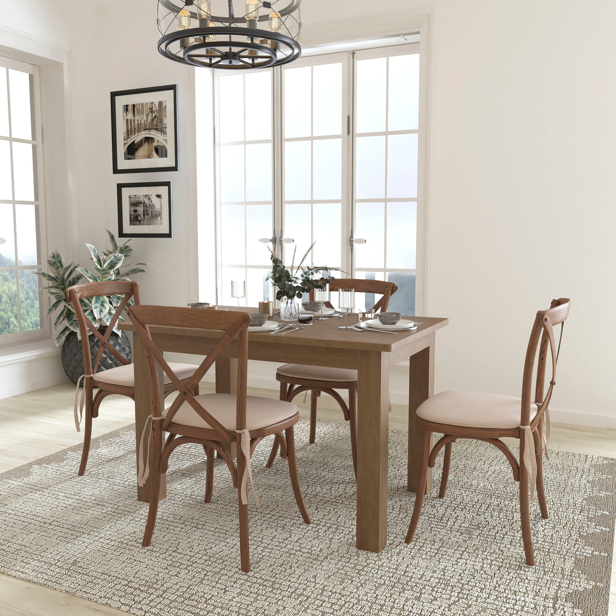 46" x 30" Farm Table Set with 4 Cross Back Chairs and Cushions