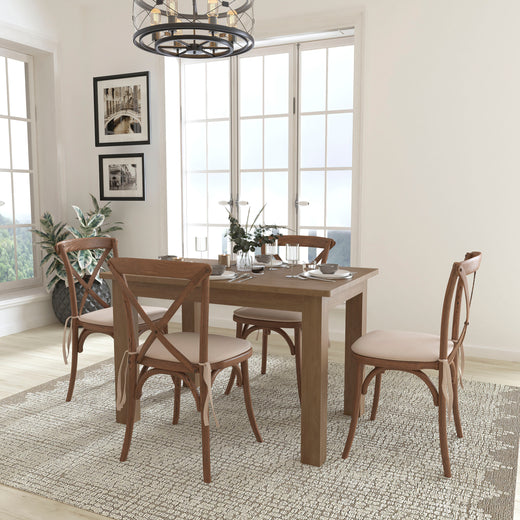 46" x 30" Farm Table Set with 4 Cross Back Chairs and Cushions