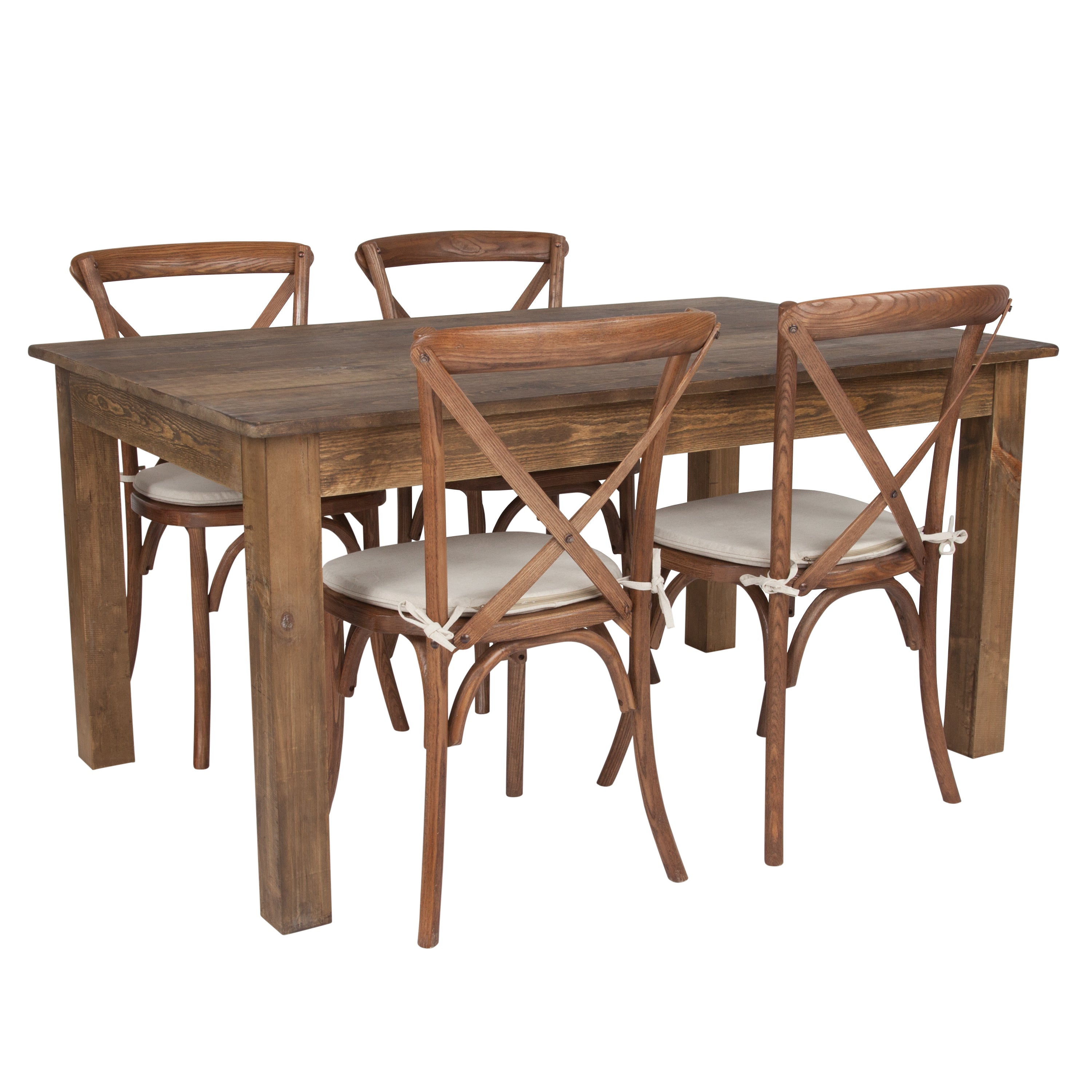 60" x 38" Farm Table Set with 4 Cross Back Chairs and Cushions-Dining Room Set-Flash Furniture-Wall2Wall Furnishings