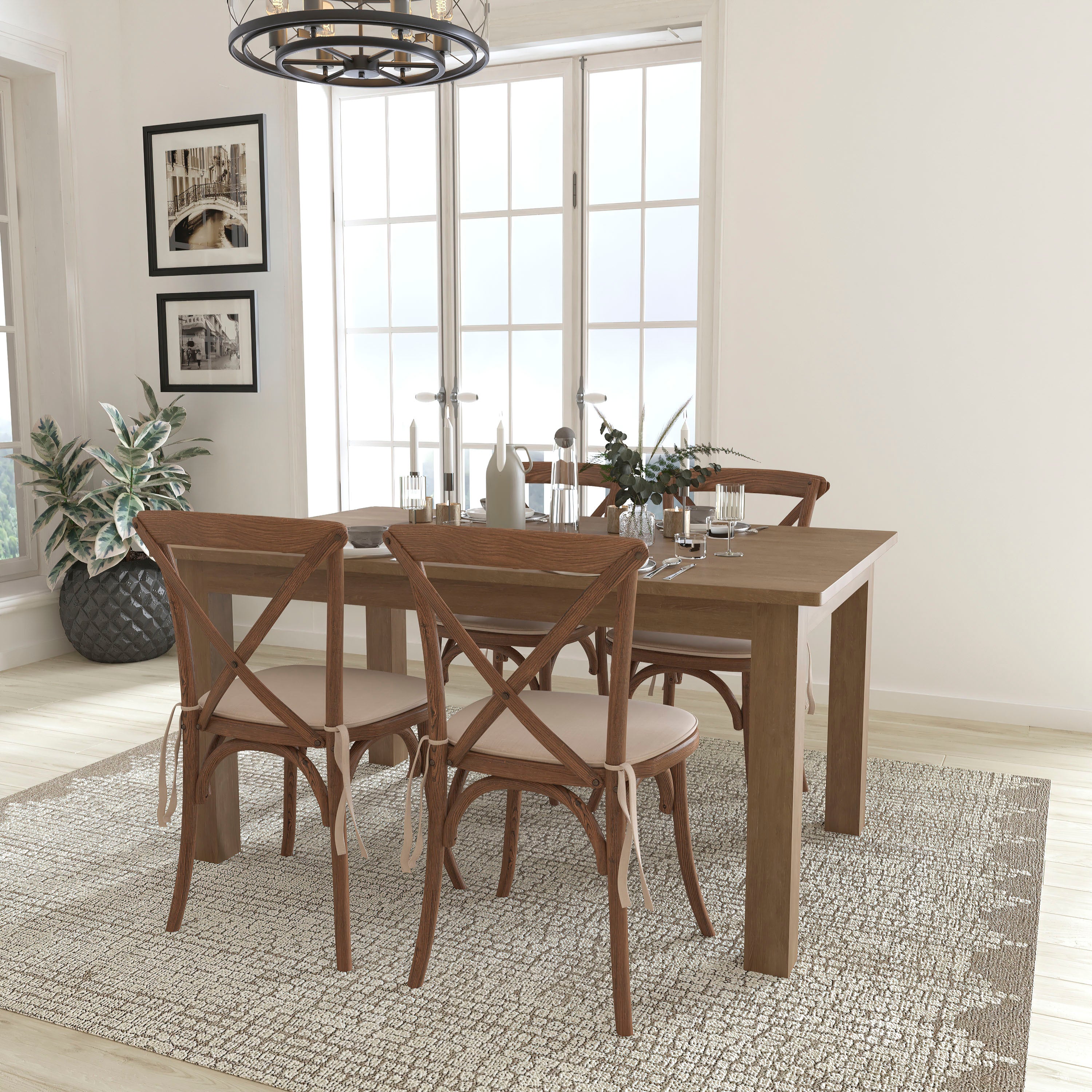 60" x 38" Farm Table Set with 4 Cross Back Chairs and Cushions-Dining Room Set-Flash Furniture-Wall2Wall Furnishings