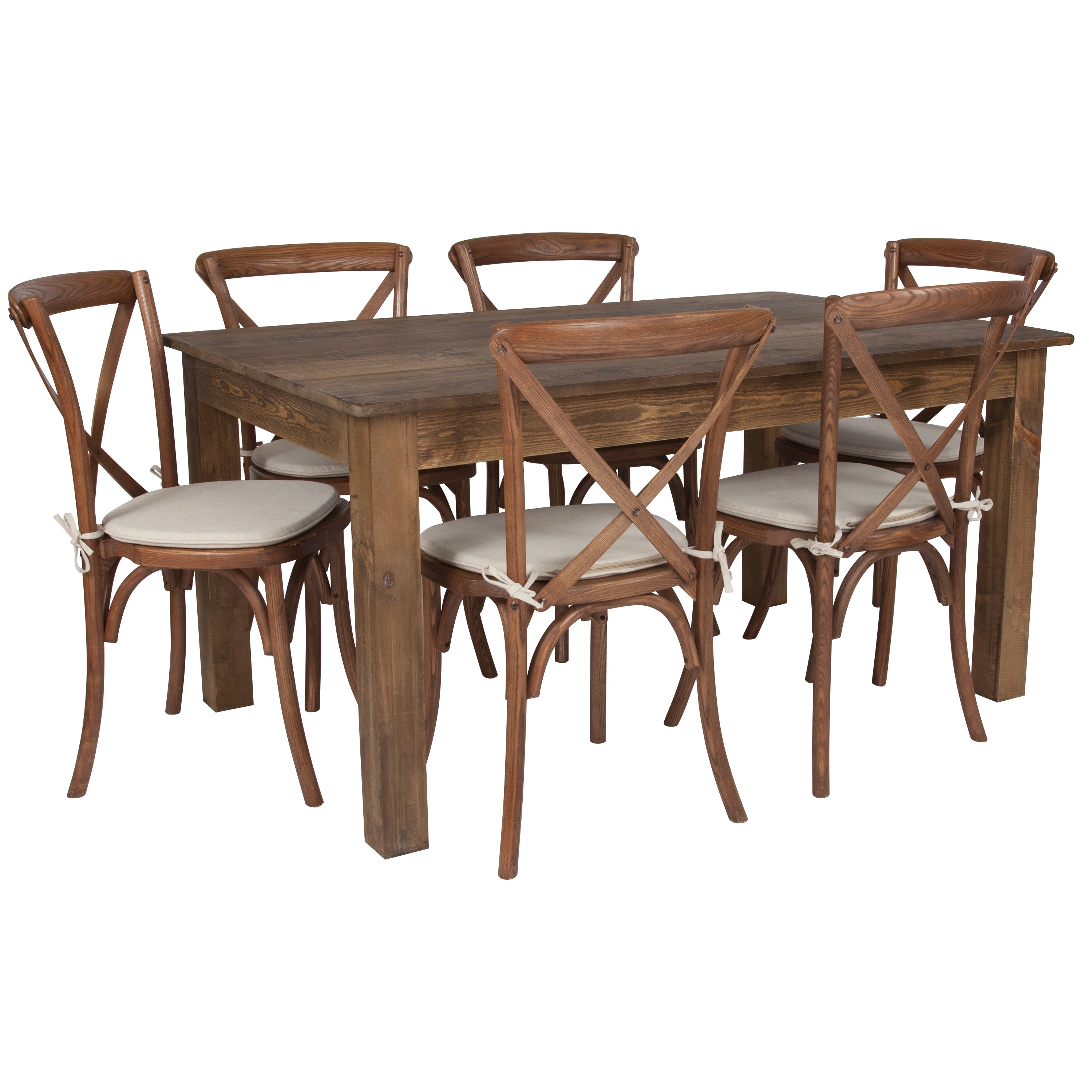 60" x 38" Farm Table Set with 6 Cross Back Chairs and Cushions-Dining Room Set-Flash Furniture-Wall2Wall Furnishings