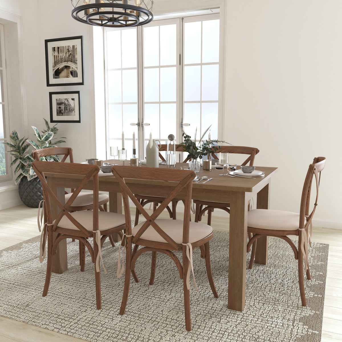 60" x 38" Farm Table Set with 6 Cross Back Chairs and Cushions