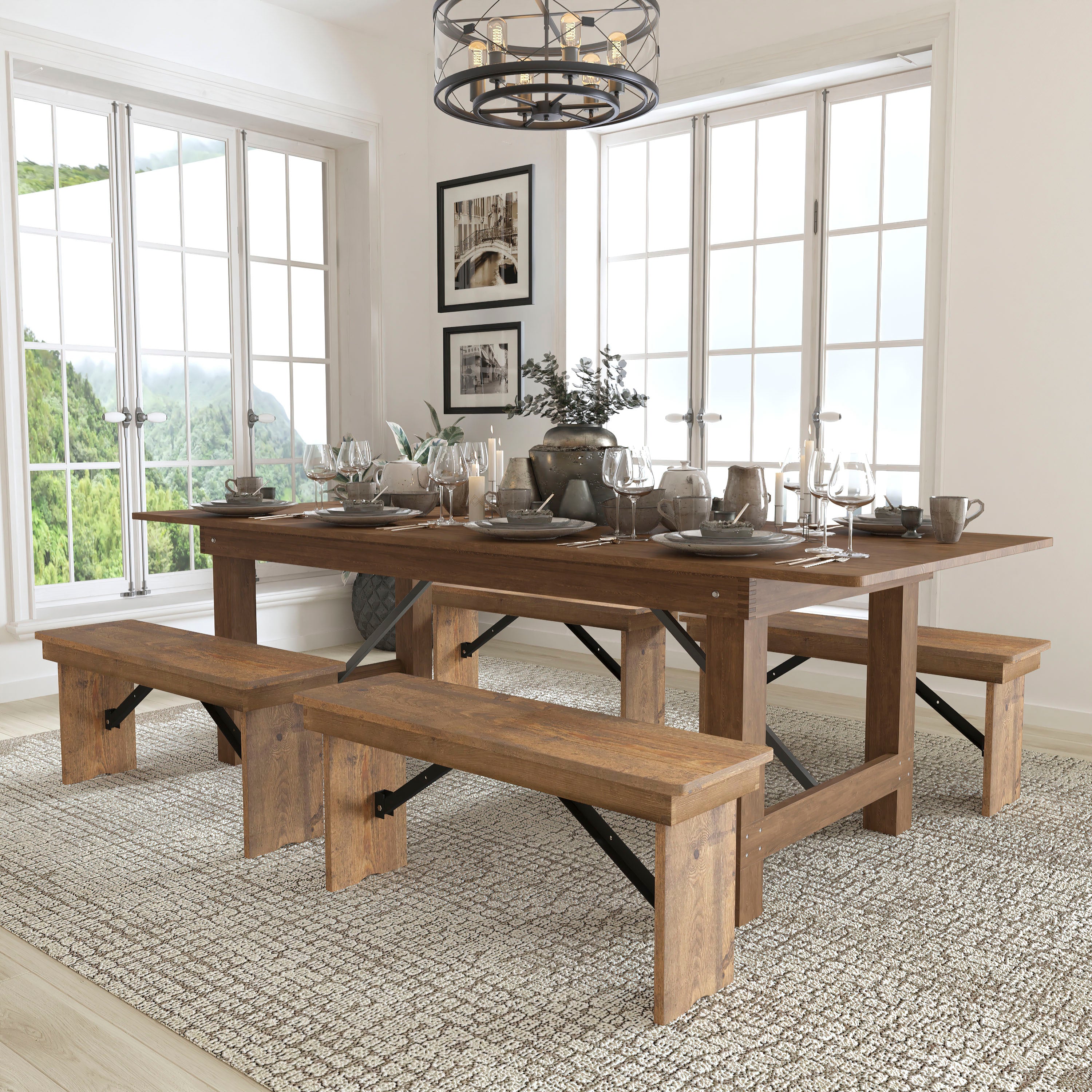 HERCULES Series 8' x 40'' Folding Farm Table and Four 40.25"L Bench Set-Dining Room Set-Flash Furniture-Wall2Wall Furnishings