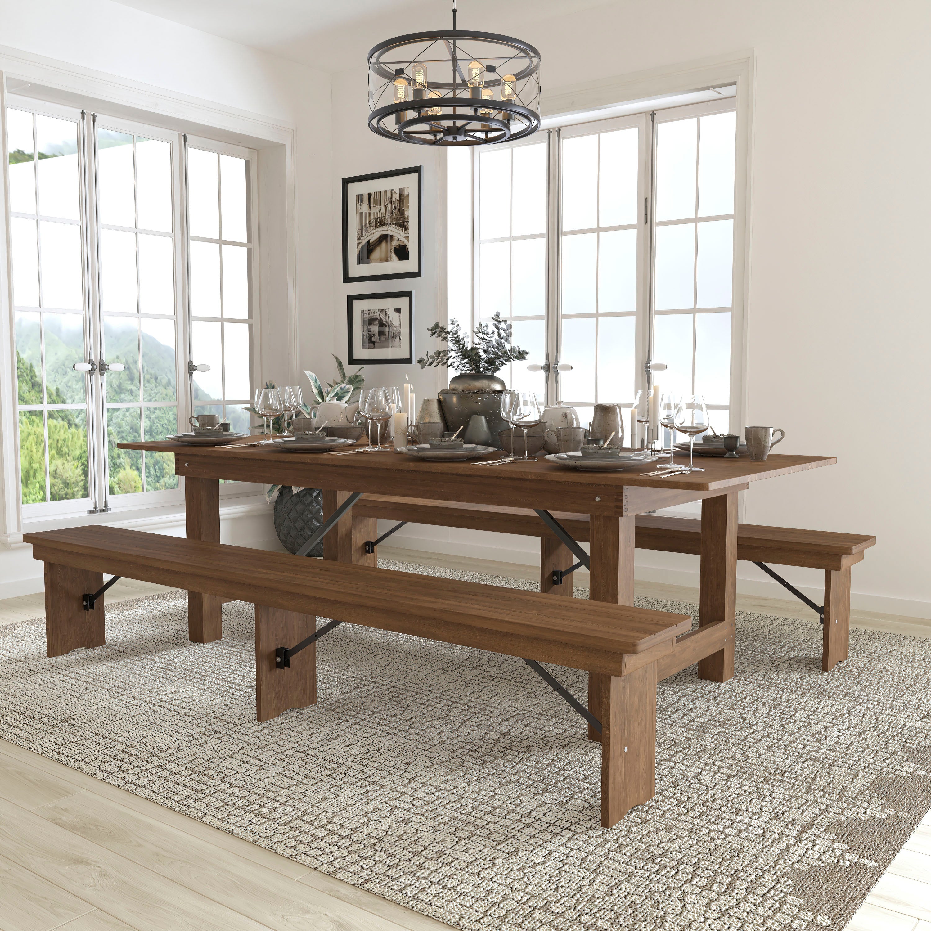HERCULES Series 8' x 40" Folding Farm Table and Two Bench Set-Dining Room Set-Flash Furniture-Wall2Wall Furnishings