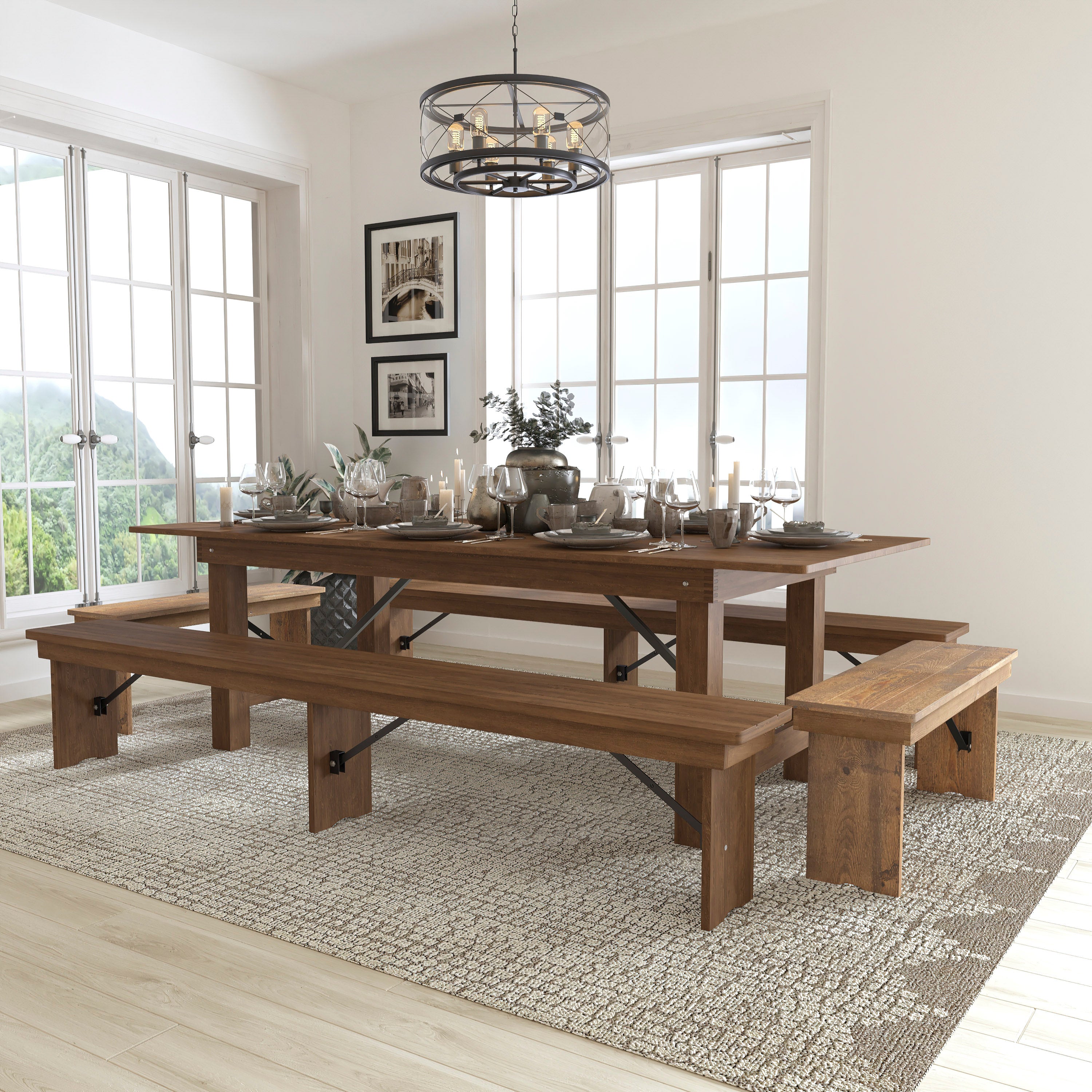 HERCULES Series 8' x 40'' Folding Farm Table and Four Bench Set-Dining Room Set-Flash Furniture-Wall2Wall Furnishings