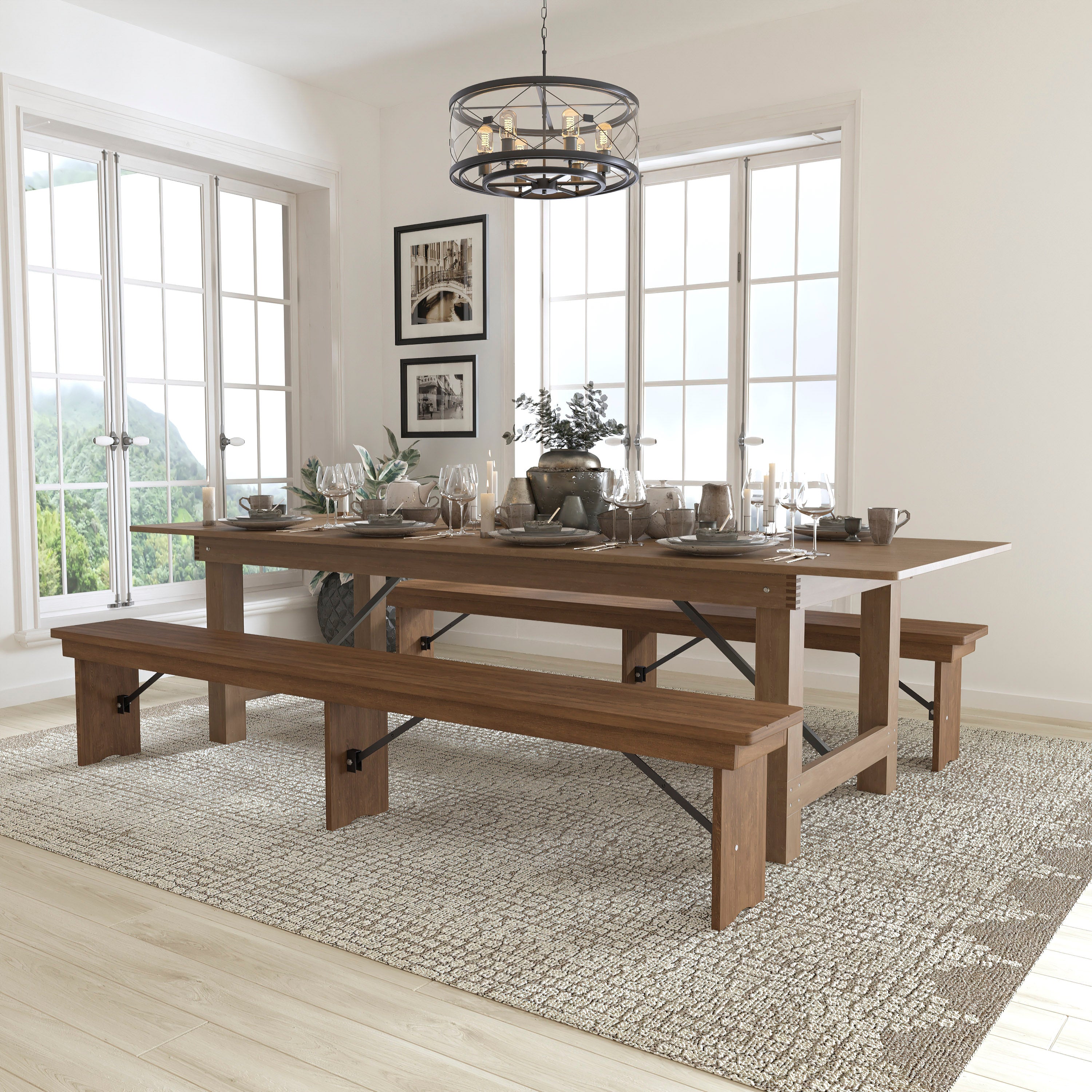 HERCULES Series 9' x 40" Folding Farm Table and Two Bench Set-Dining Room Set-Flash Furniture-Wall2Wall Furnishings