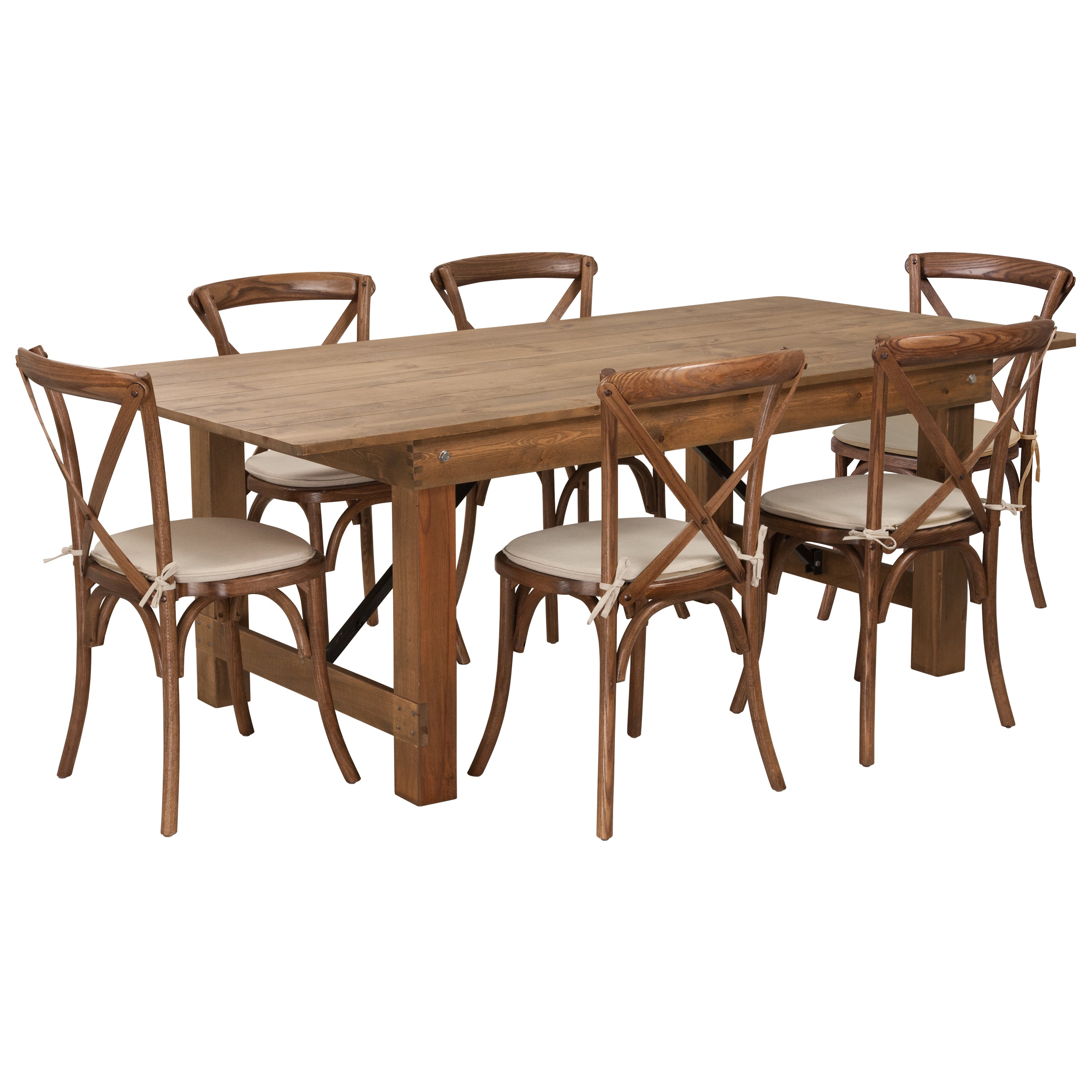 HERCULES Series 7' x 40'' Folding Farm Table Set with 6 Cross Back Chairs and Cushions-Dining Room Set-Flash Furniture-Wall2Wall Furnishings