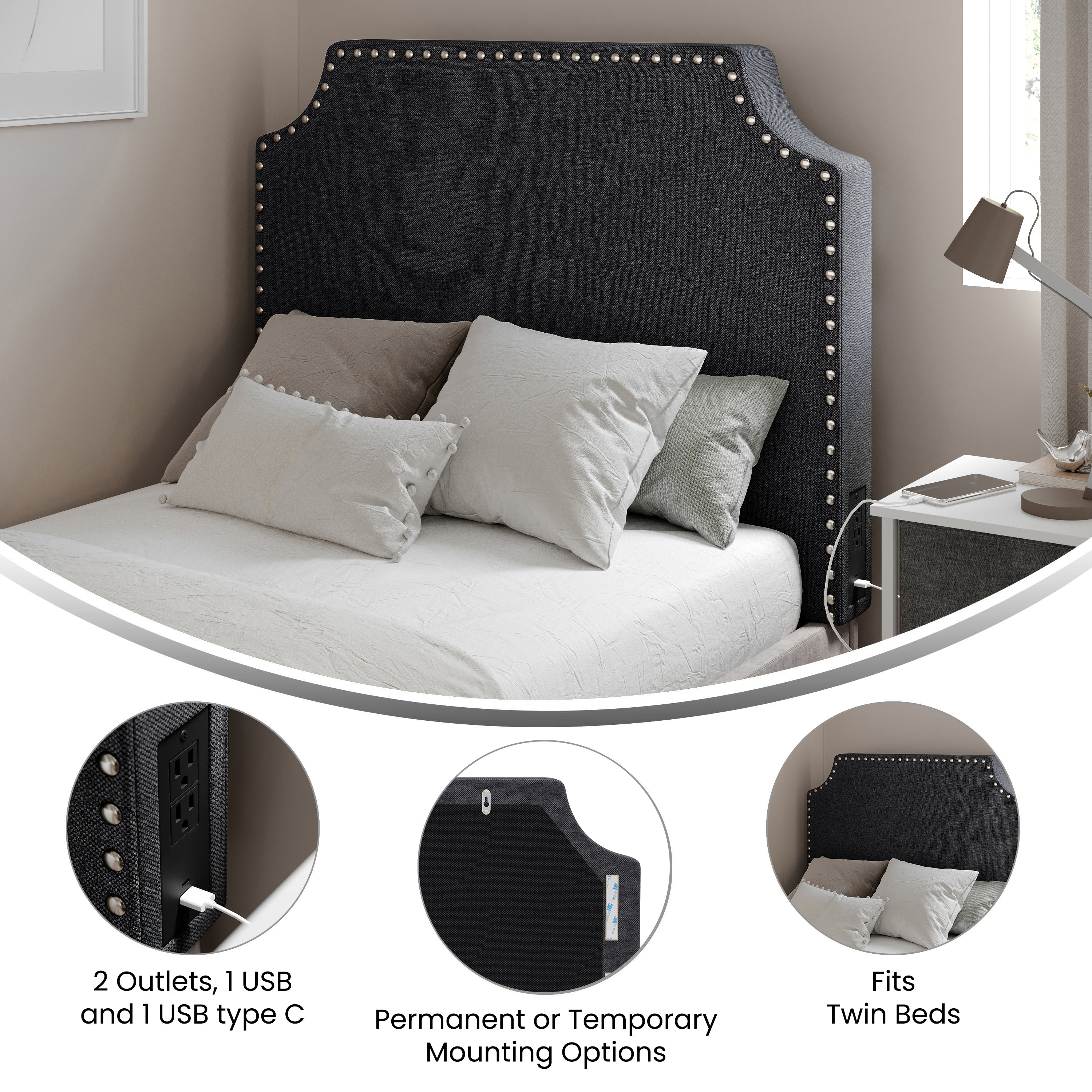 Adeline Contoured Headboard with 2 Power Outlets, 1 USB and 1 USB Type-C Port with Studded LeatherSoft Upholstery and Dual Hanging Options