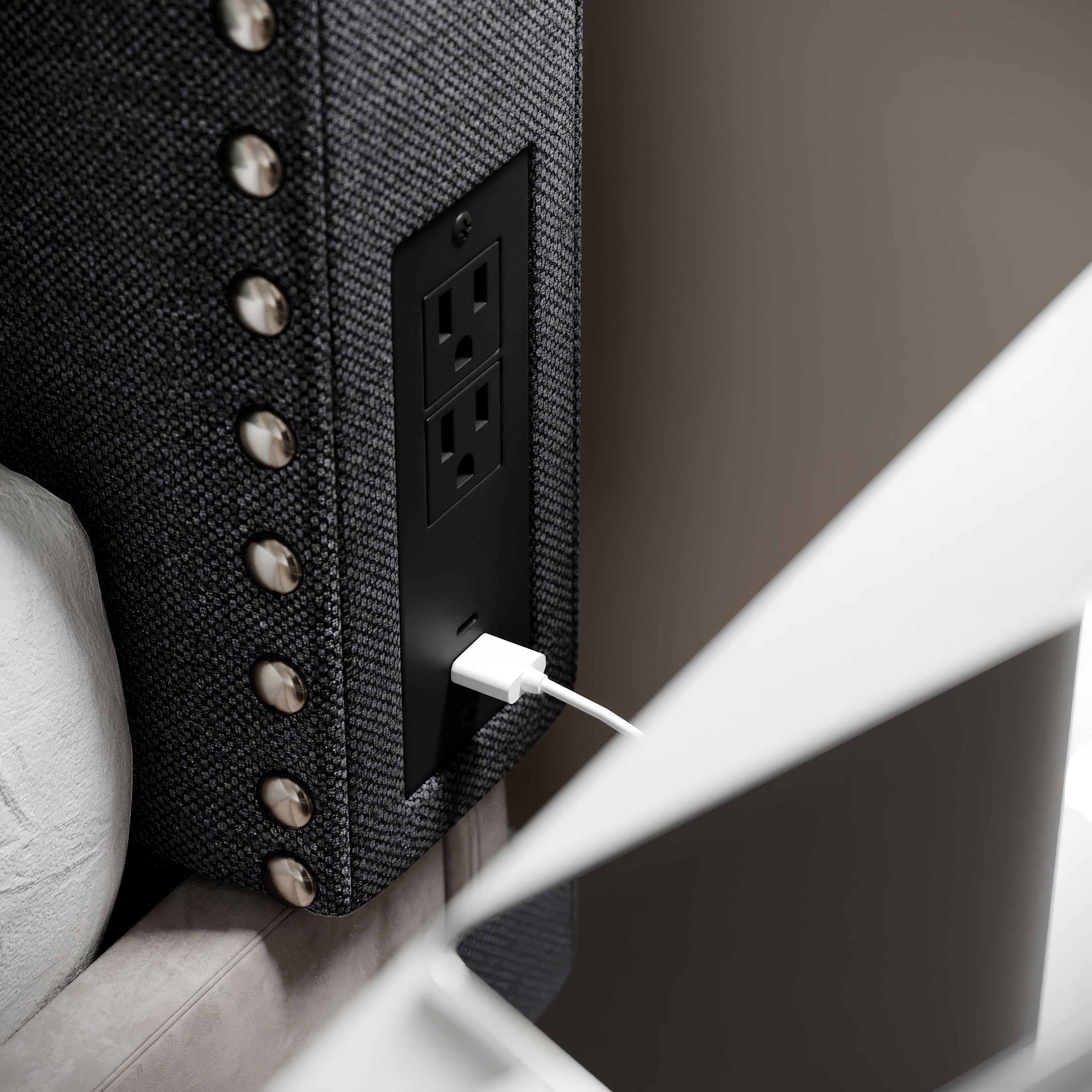 Adeline Contoured Headboard with 2 Power Outlets, 1 USB and 1 USB Type-C Port with Studded LeatherSoft Upholstery and Dual Hanging Options