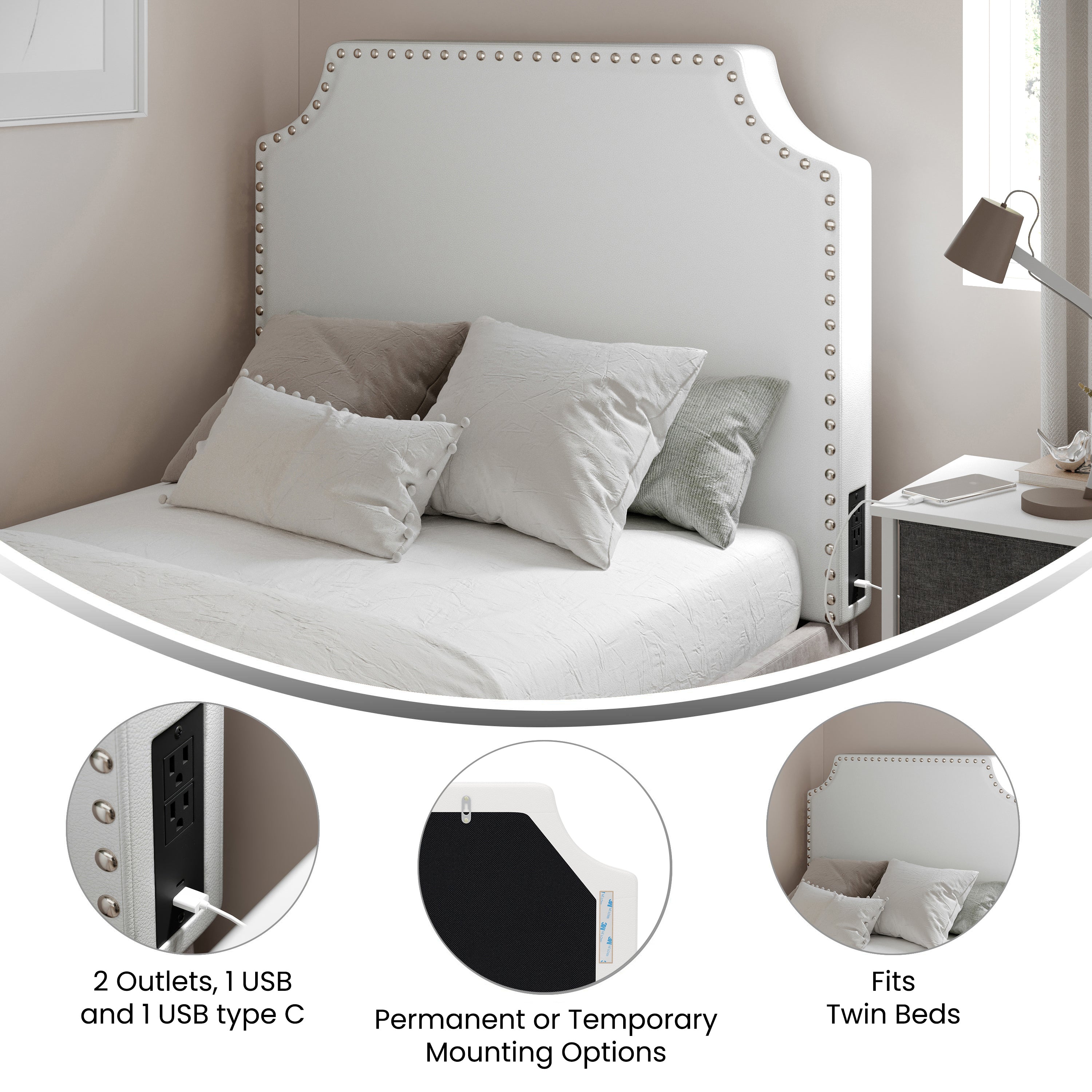 Adeline Contoured Headboard with 2 Power Outlets, 1 USB and 1 USB Type-C Port with Studded LeatherSoft Upholstery and Dual Hanging Options