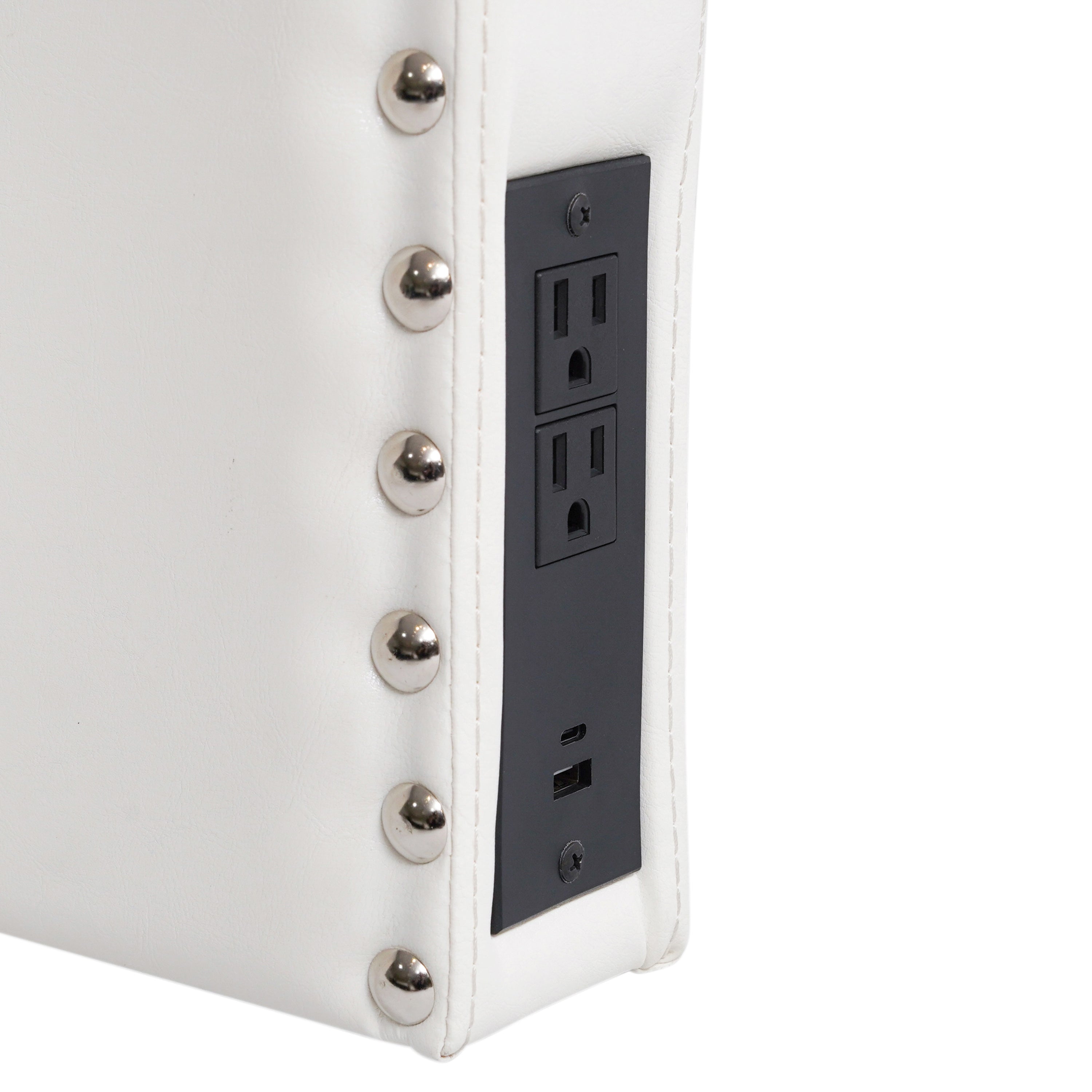 Adeline Contoured Headboard with 2 Power Outlets, 1 USB and 1 USB Type-C Port with Studded LeatherSoft Upholstery and Dual Hanging Options