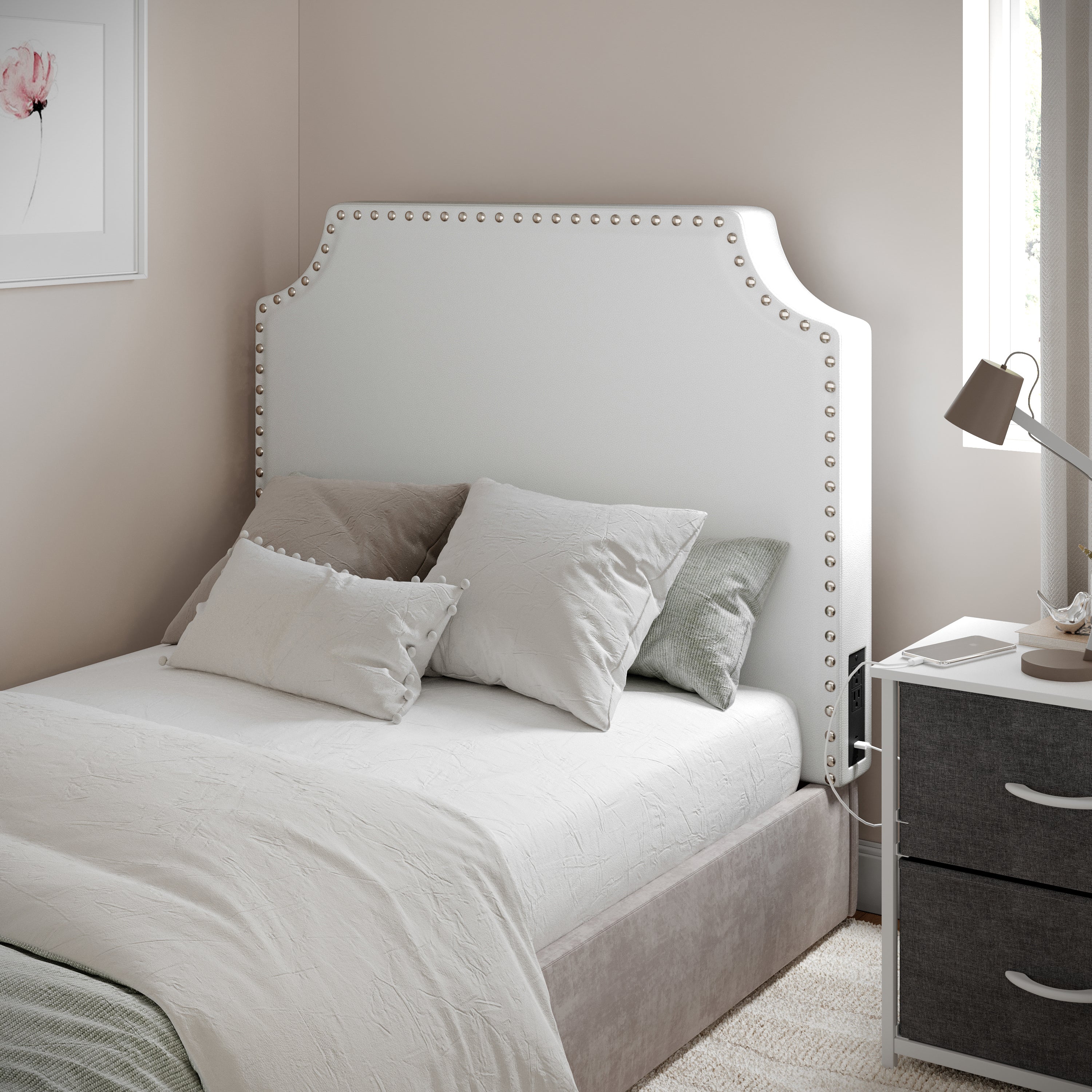 Adeline Contoured Headboard with 2 Power Outlets, 1 USB and 1 USB Type-C Port with Studded LeatherSoft Upholstery and Dual Hanging Options