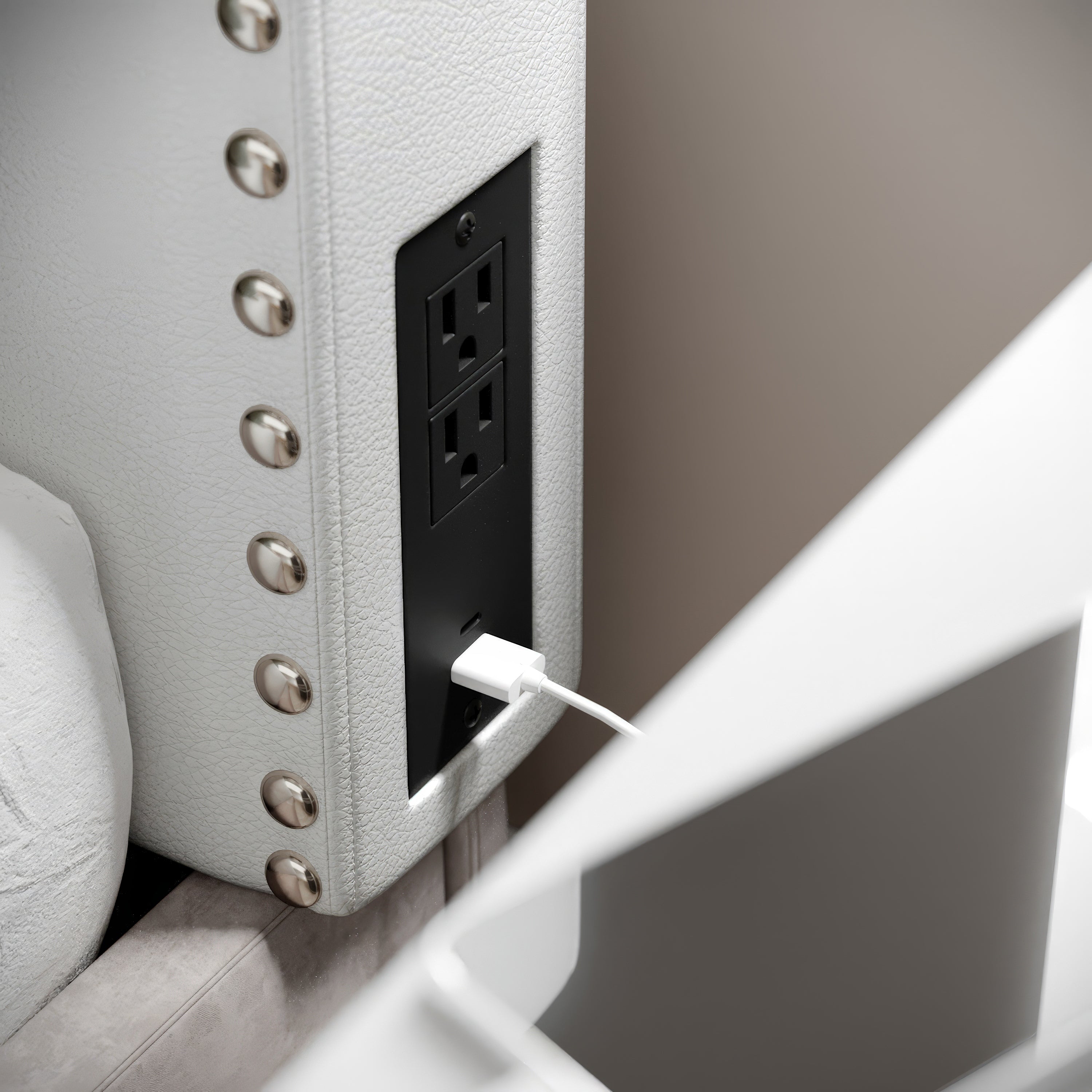 Adeline Contoured Headboard with 2 Power Outlets, 1 USB and 1 USB Type-C Port with Studded LeatherSoft Upholstery and Dual Hanging Options