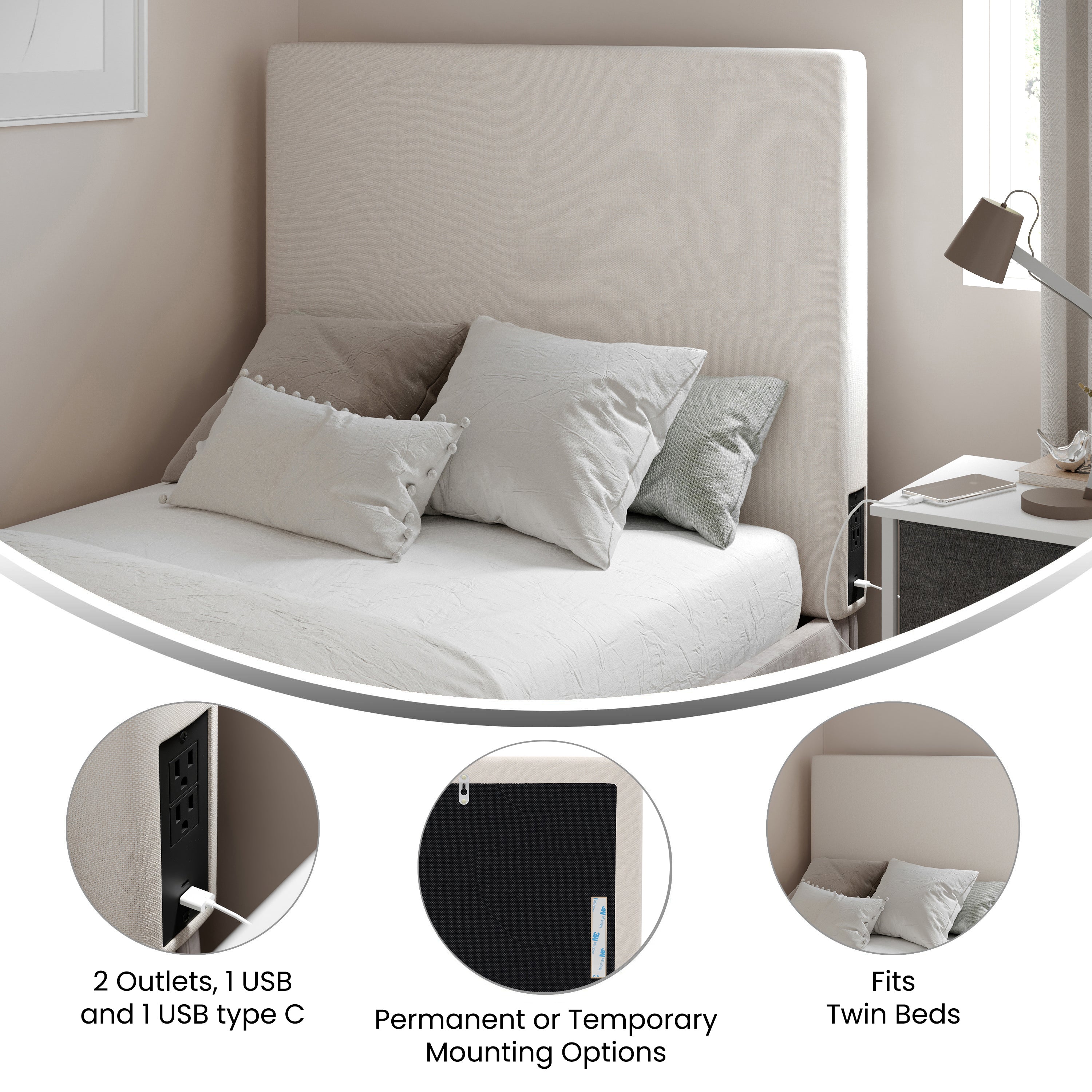 Hugo Headboard with 2 Power Outlets, 1 USB and 1 USB Type-C Port with Faux Linen Upholstery and Dual Hanging Options