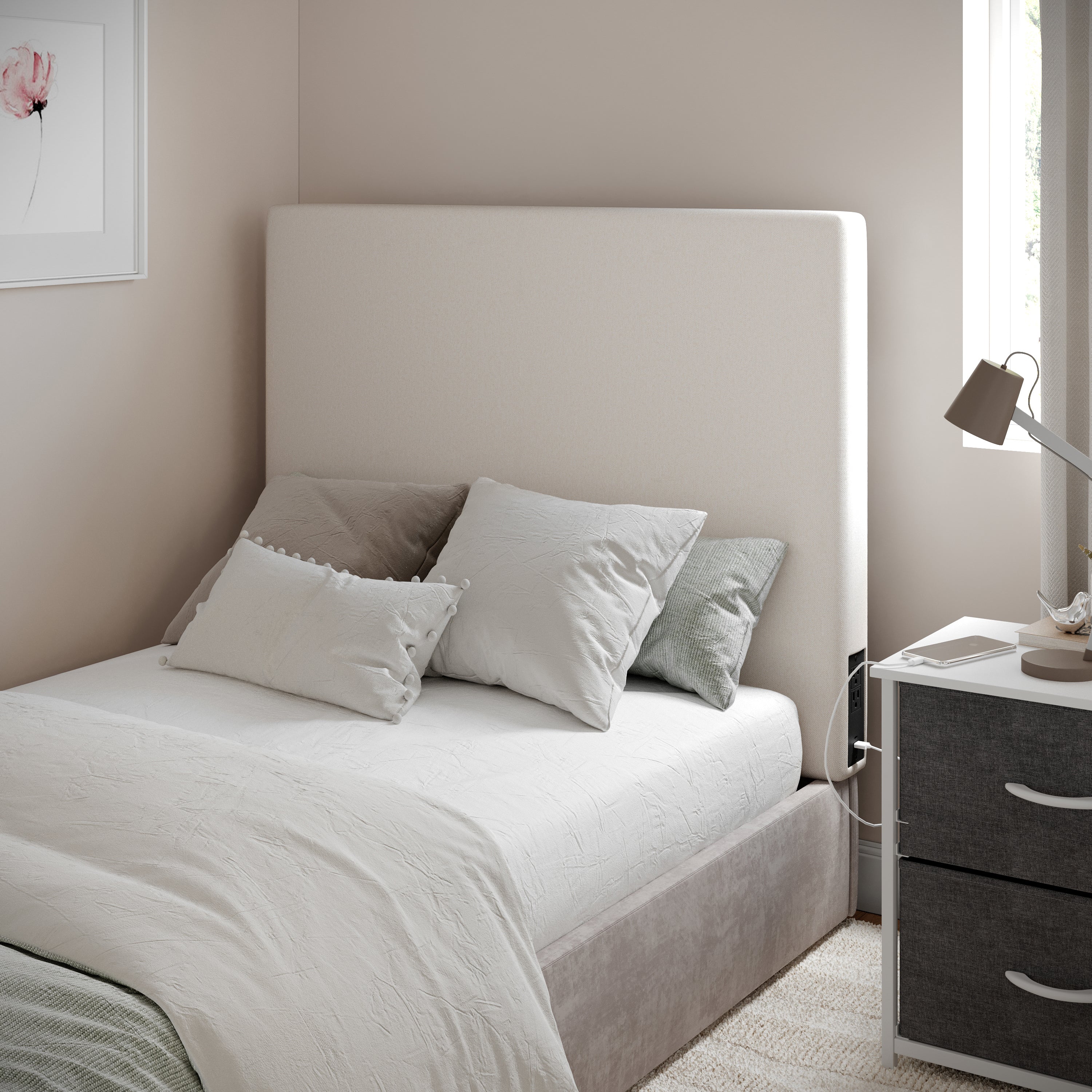 Hugo Headboard with 2 Power Outlets, 1 USB and 1 USB Type-C Port with Faux Linen Upholstery and Dual Hanging Options