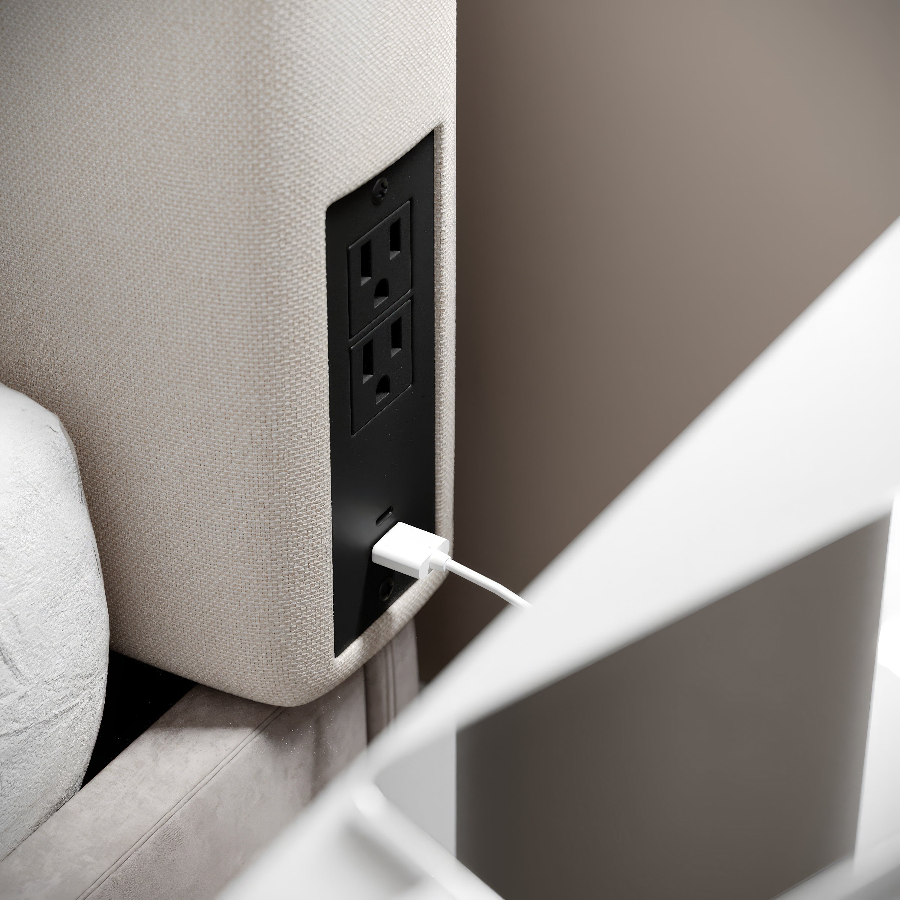 Hugo Headboard with 2 Power Outlets, 1 USB and 1 USB Type-C Port with Faux Linen Upholstery and Dual Hanging Options