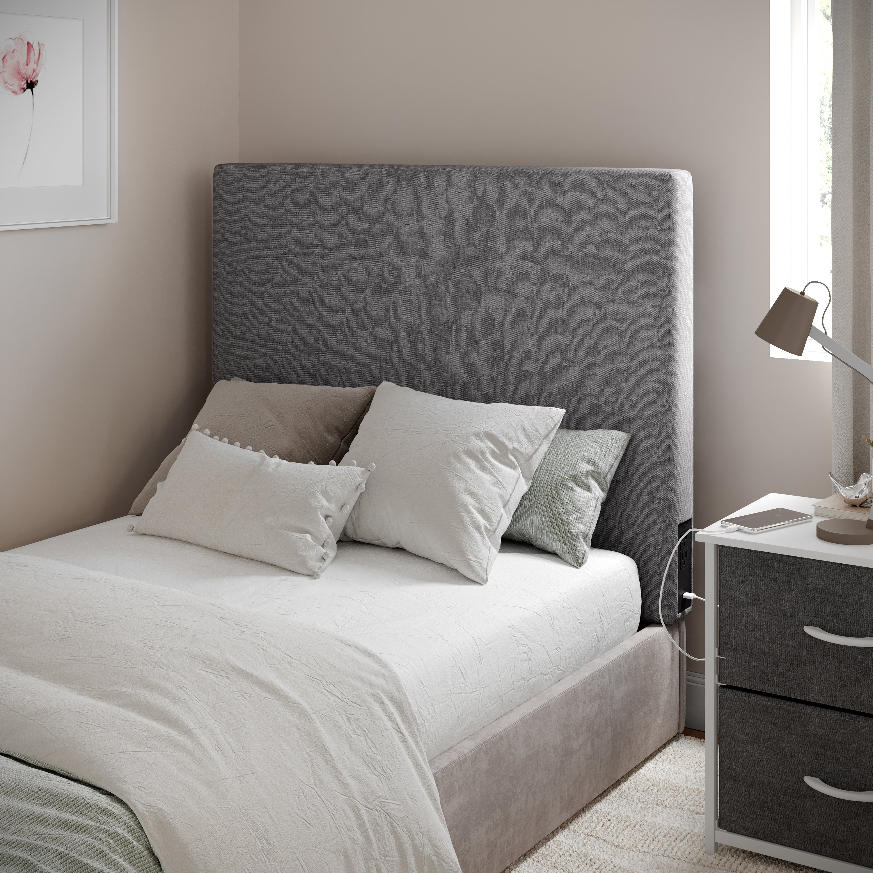 Hugo Headboard with 2 Power Outlets, 1 USB and 1 USB Type-C Port with Faux Linen Upholstery and Dual Hanging Options