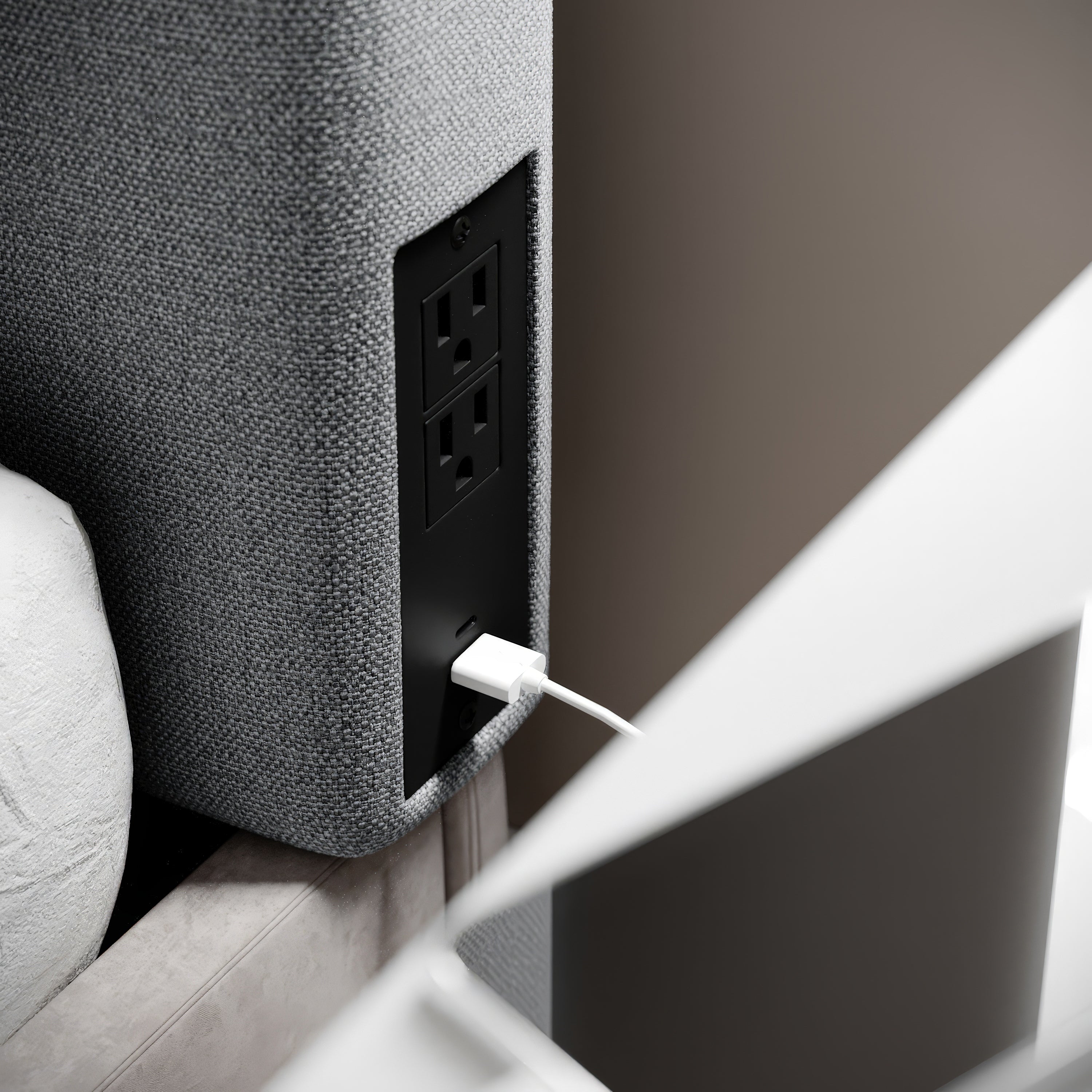 Hugo Headboard with 2 Power Outlets, 1 USB and 1 USB Type-C Port with Faux Linen Upholstery and Dual Hanging Options