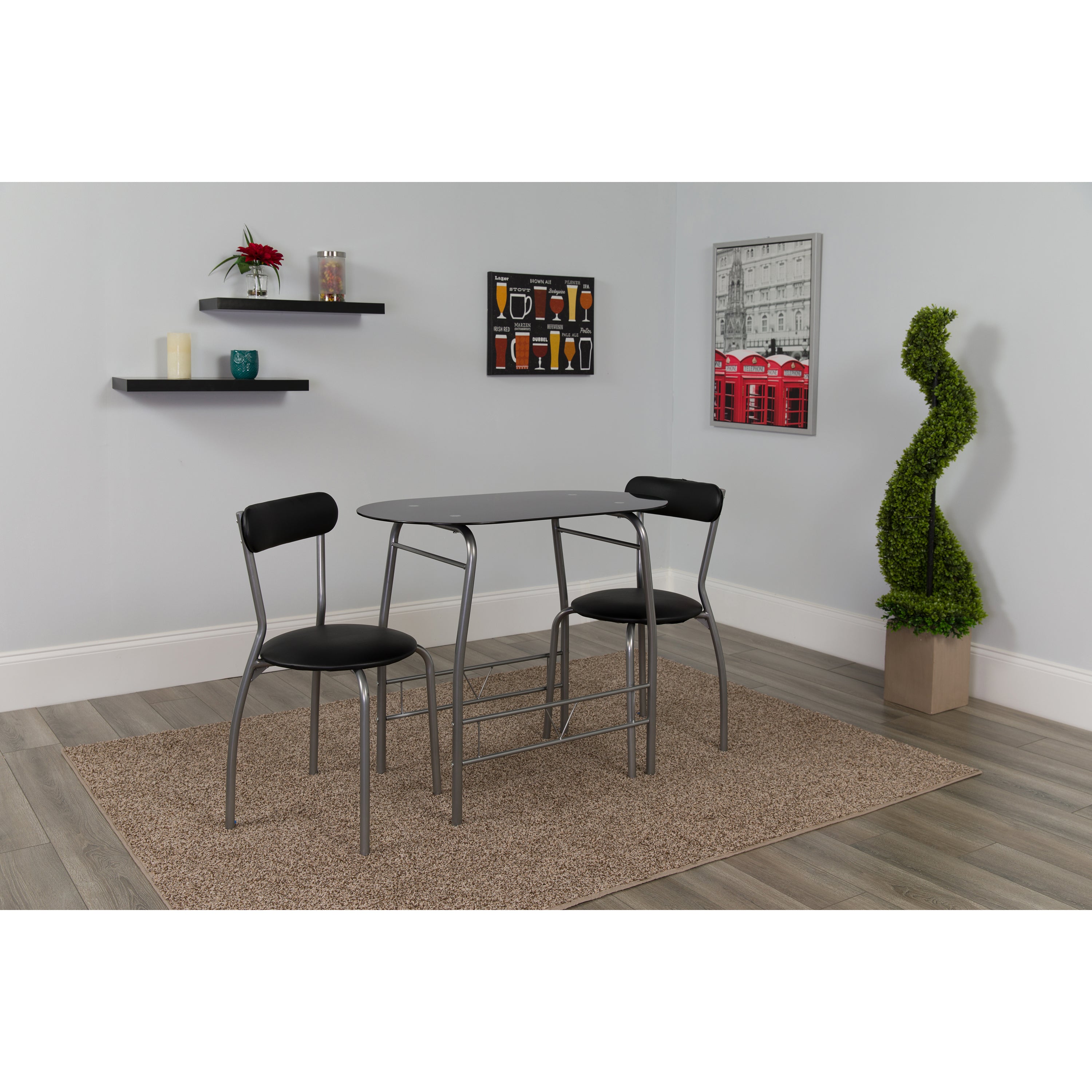 Sutton 3 Piece Space-Saver Bistro Set with Glass Top Table and Vinyl Padded Chairs-Dining Room Set-Flash Furniture-Wall2Wall Furnishings