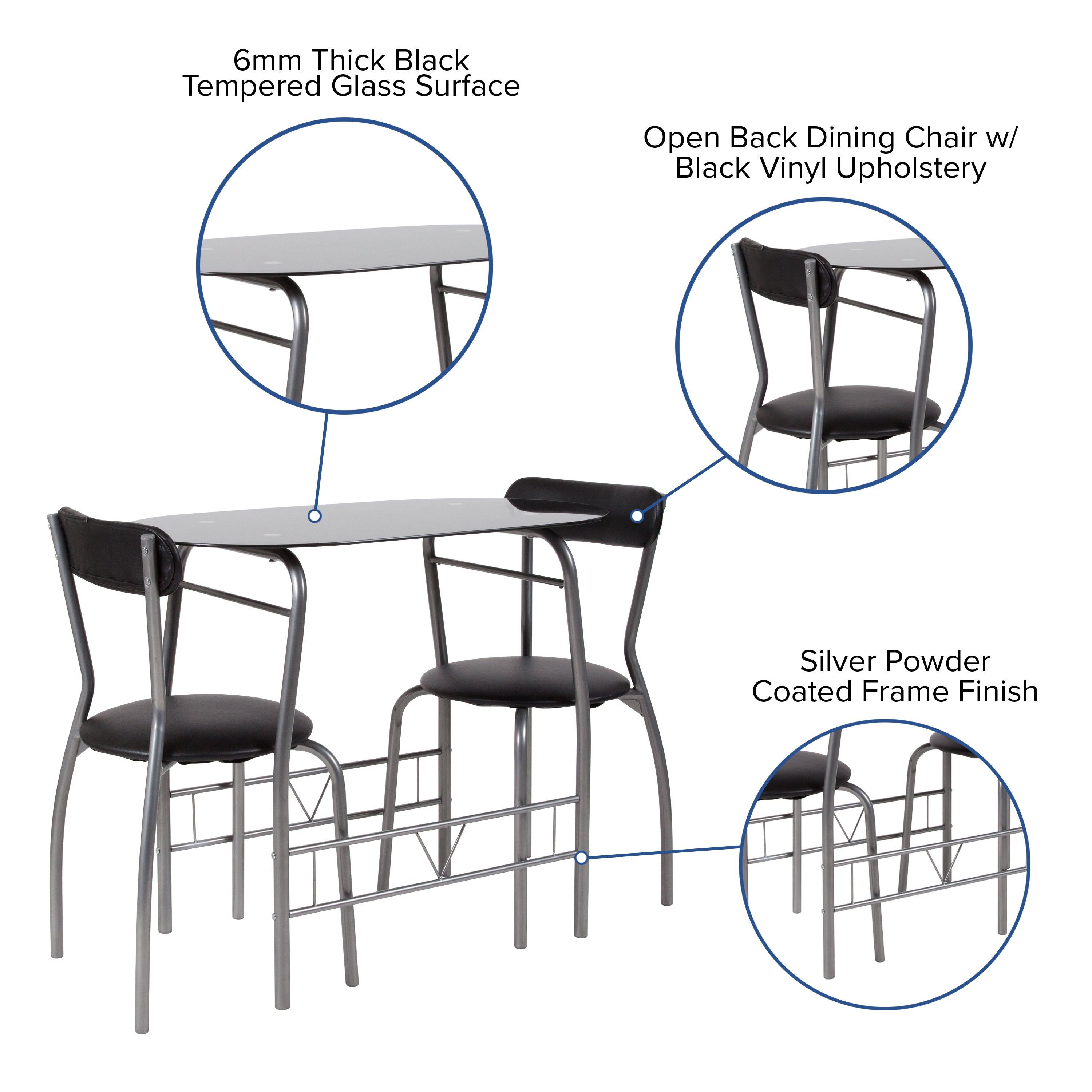 Sutton 3 Piece Space-Saver Bistro Set with Glass Top Table and Vinyl Padded Chairs