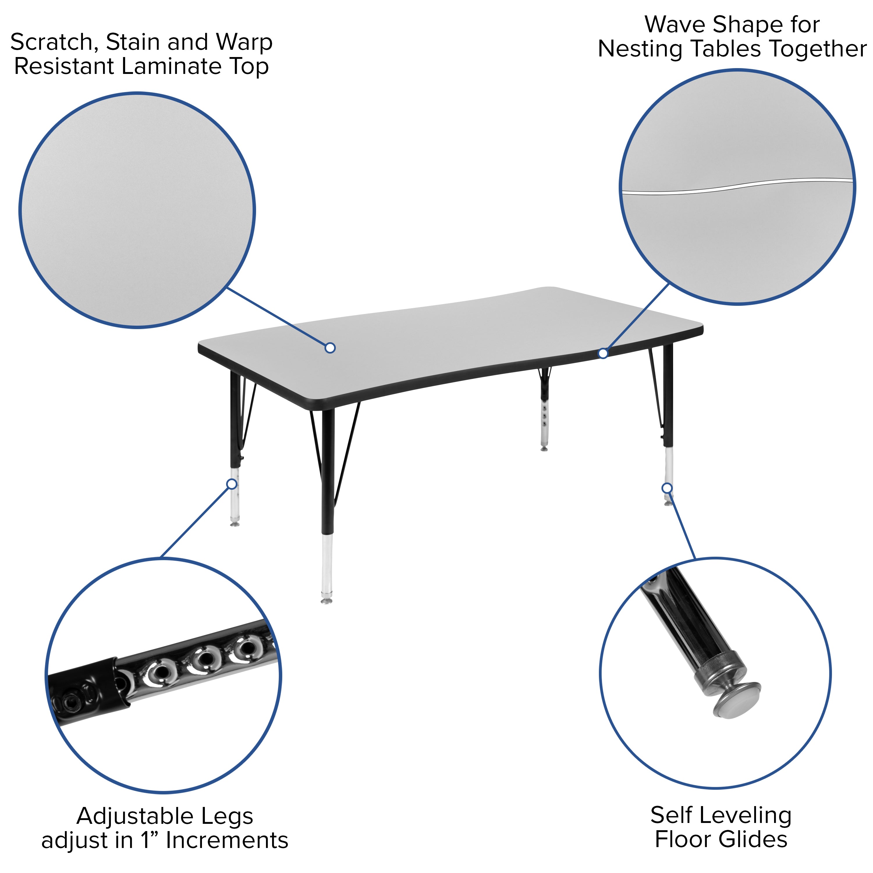 28"W x 47.5"L Rectangle Wave Flexible Collaborative Thermal Laminate Activity Table - Height Adjustable Short Legs-Collaborative Rectangular Activity Table-Flash Furniture-Wall2Wall Furnishings