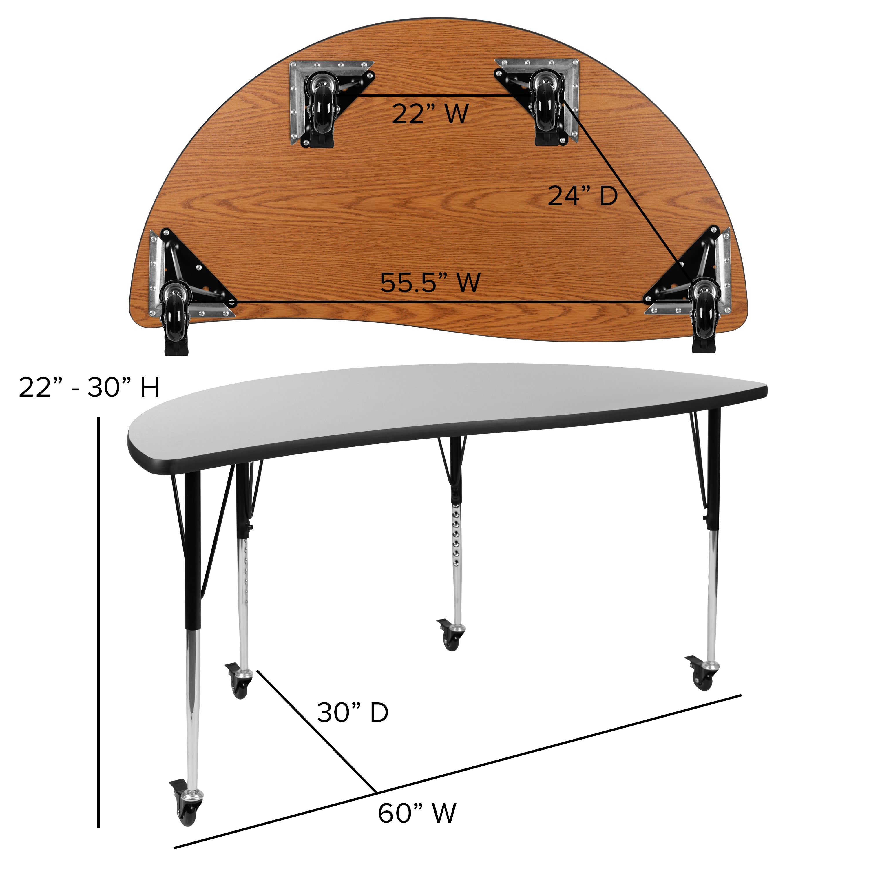 Mobile 60" Half Circle Wave Flexible Collaborative Thermal Laminate Activity Table - Standard Height Adjustable Legs-Collaborative Half Circle Activity Table-Flash Furniture-Wall2Wall Furnishings