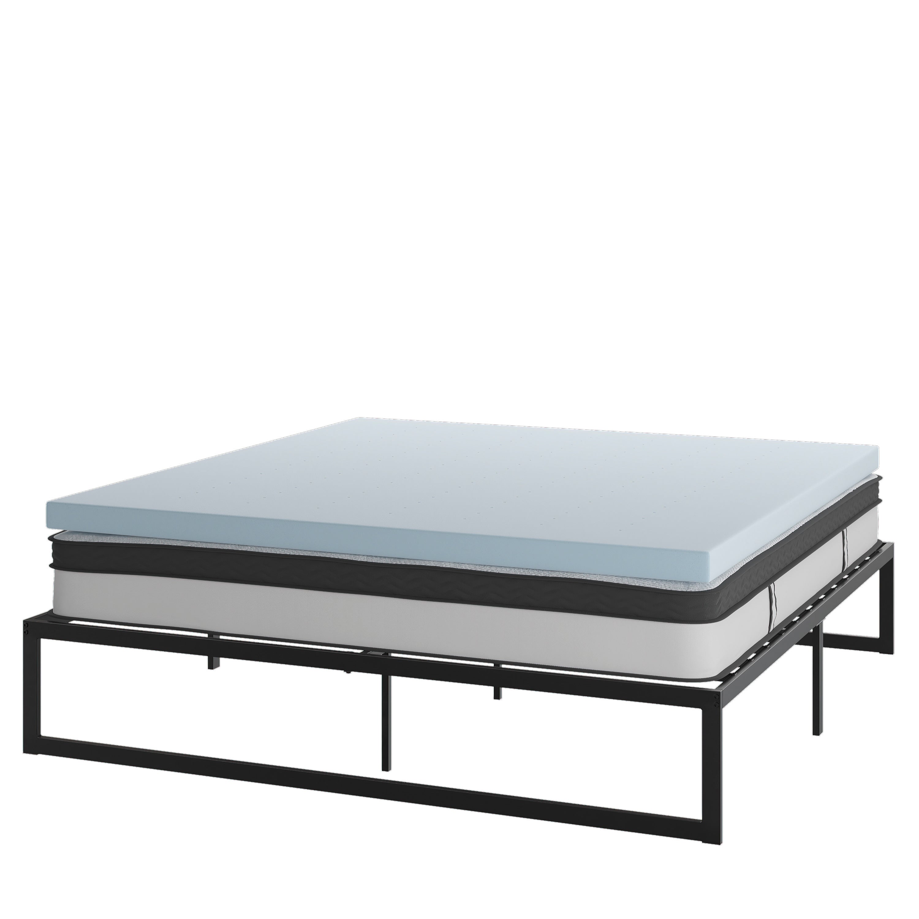 14 Inch Metal Platform Bed Frame with 10 Inch Pocket Spring Mattress in a Box and 2 Inch Cool Gel Memory Foam Topper