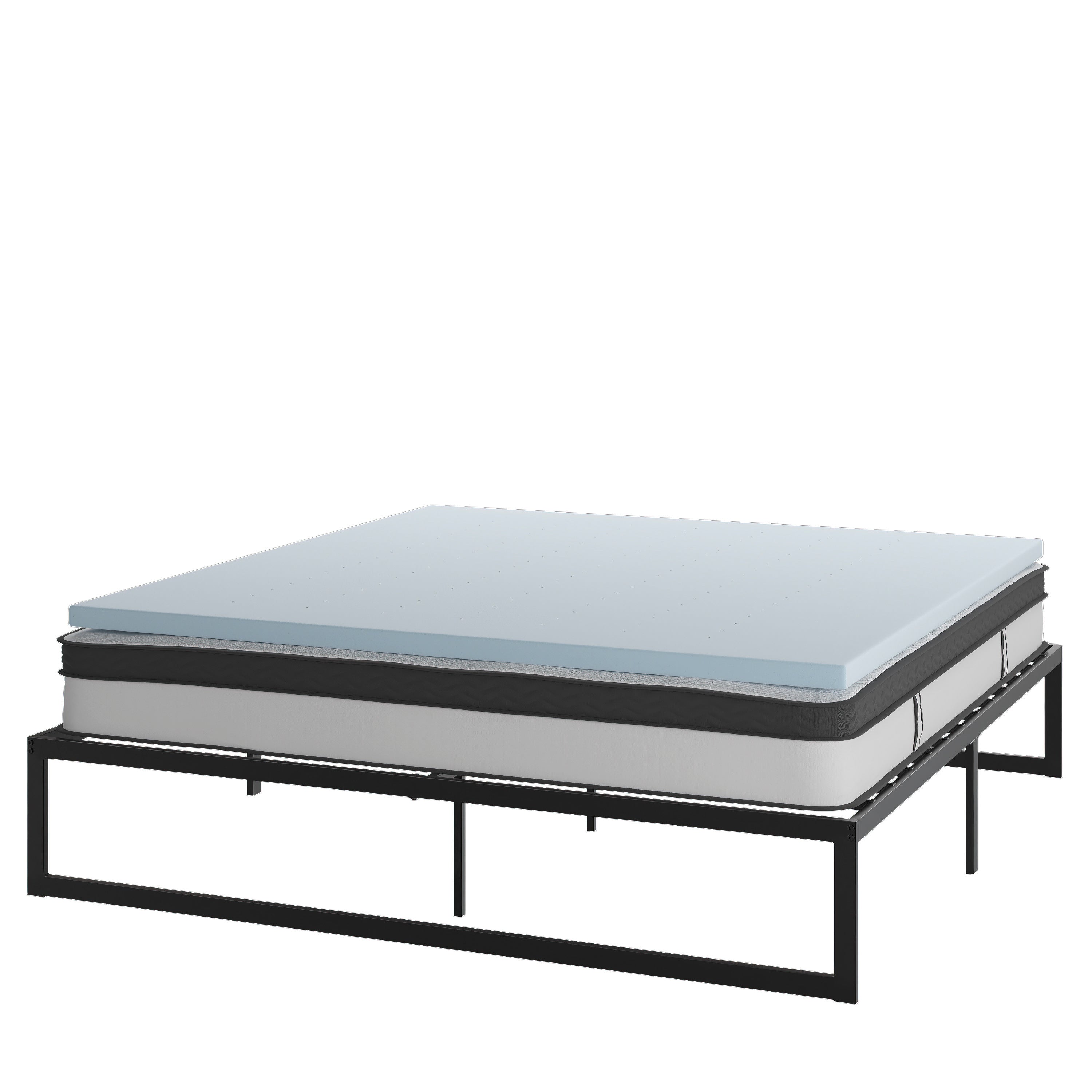 14 Inch Metal Platform Bed Frame with 10 Inch Pocket Spring Mattress in a Box and 2 Inch Cool Gel Memory Foam Topper