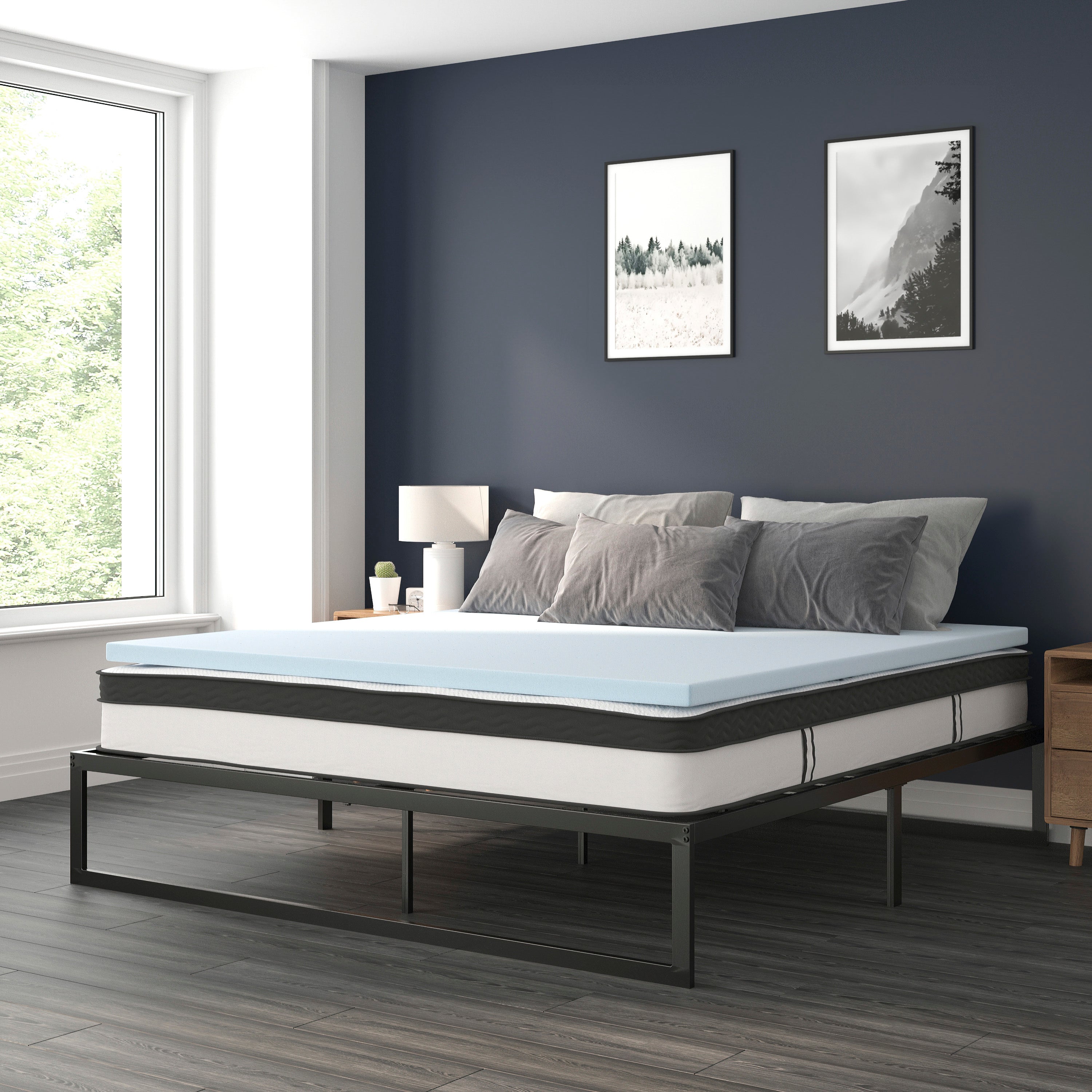 14 Inch Metal Platform Bed Frame with 10 Inch Pocket Spring Mattress in a Box and 2 Inch Cool Gel Memory Foam Topper