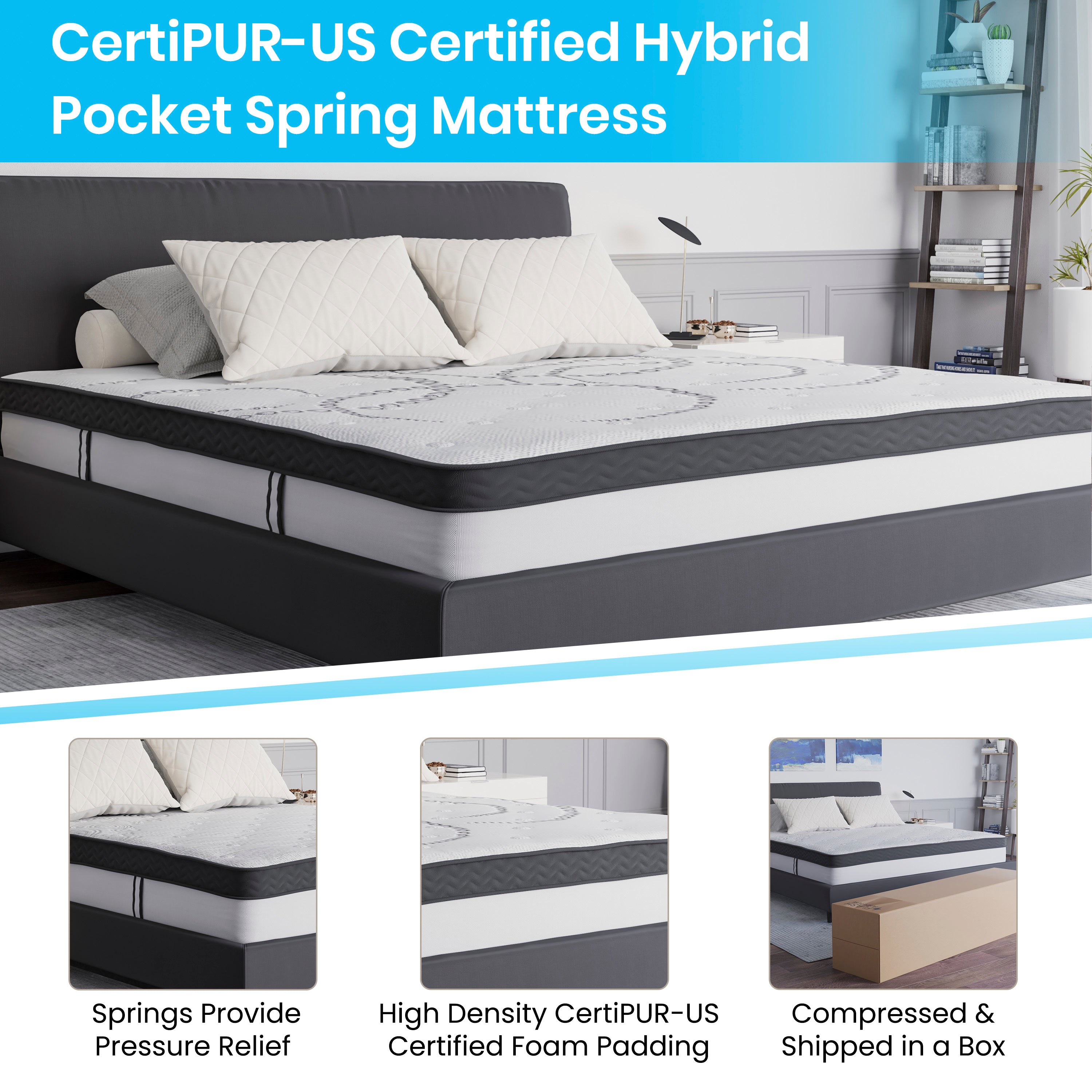 14 Inch Metal Platform Bed Frame with 10 Inch Pocket Spring Mattress in a Box and 2 Inch Cool Gel Memory Foam Topper