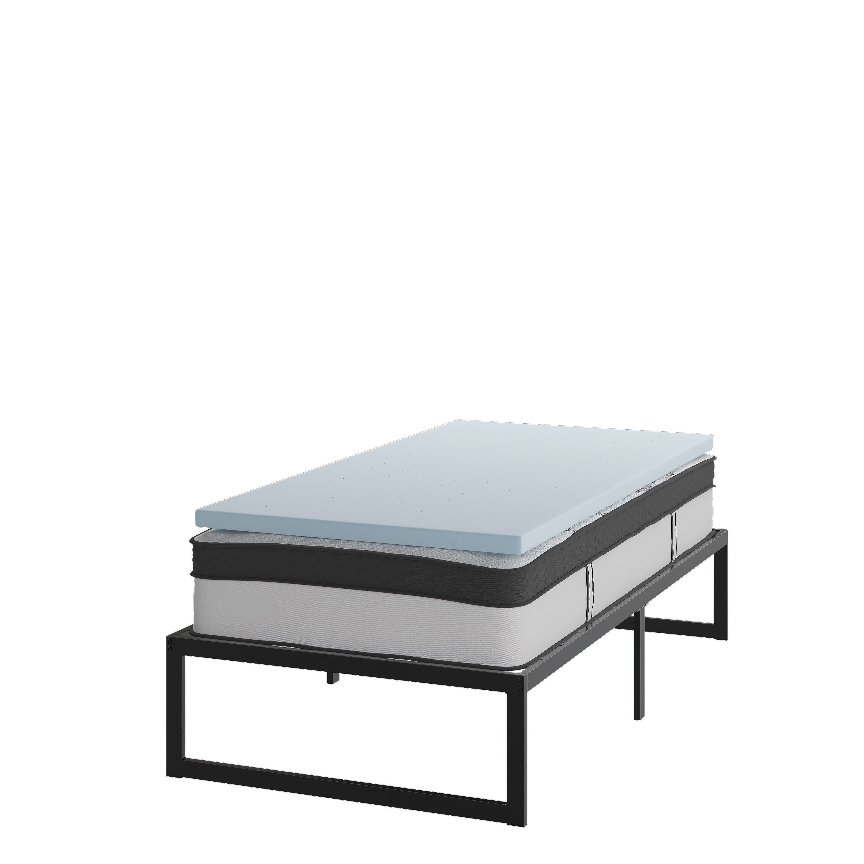 14 Inch Metal Platform Bed Frame with 12 Inch Pocket Spring Mattress in a Box and 2 Inch Cool Gel Memory Foam Topper