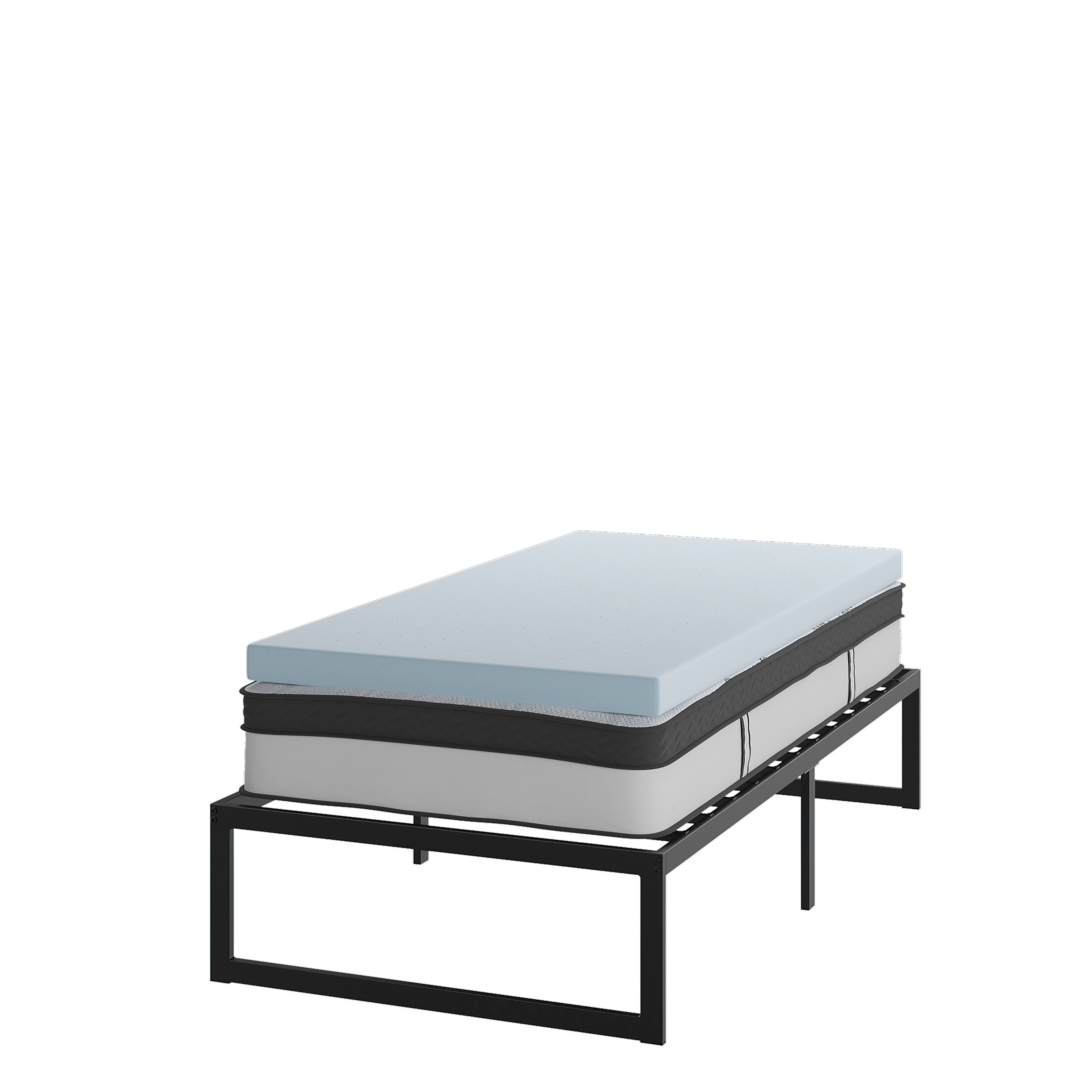 14 Inch Metal Platform Bed Frame with 12 Inch Pocket Spring Mattress in a Box and 3 inch Cool Gel Memory Foam Topper