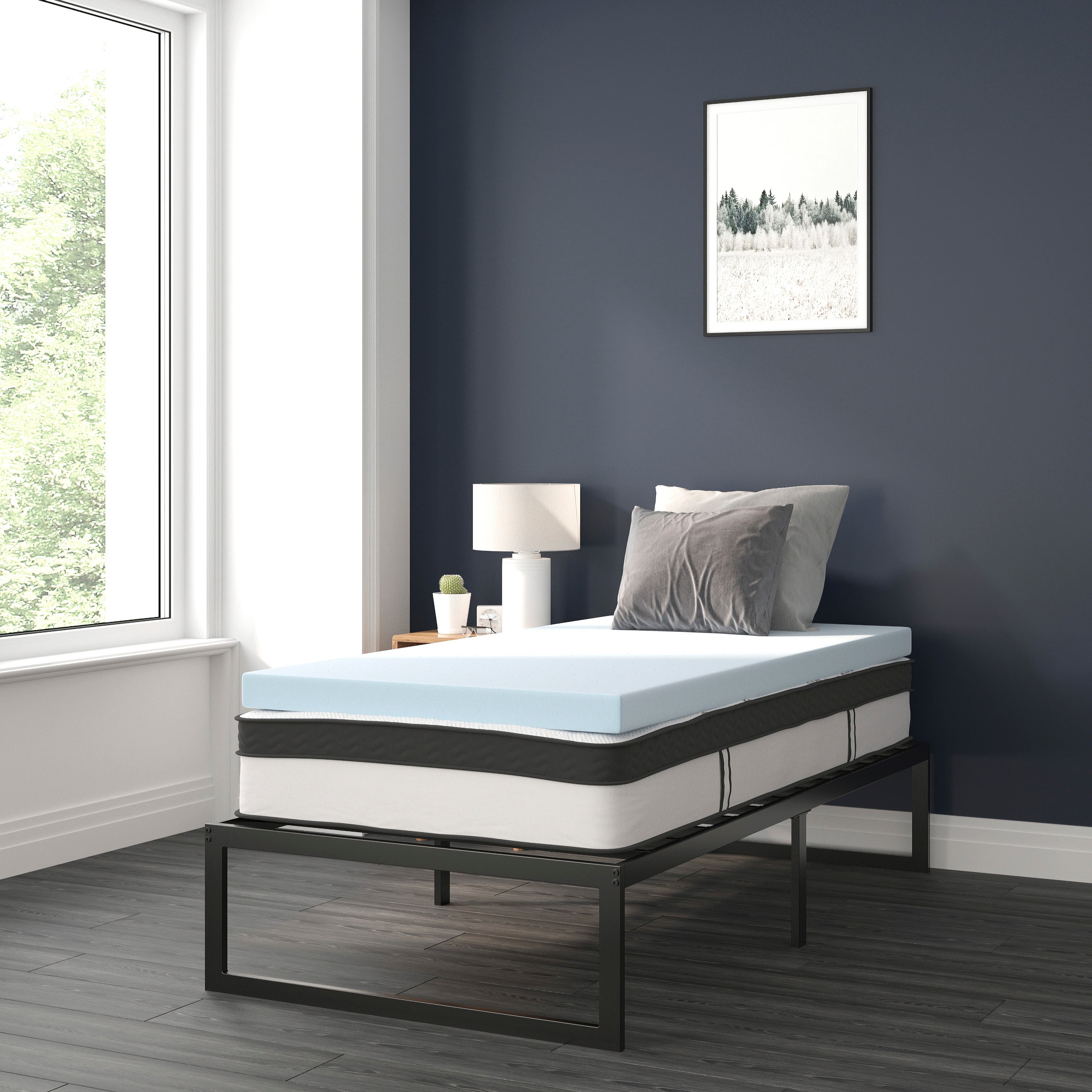 14 Inch Metal Platform Bed Frame with 12 Inch Pocket Spring Mattress in a Box and 3 inch Cool Gel Memory Foam Topper